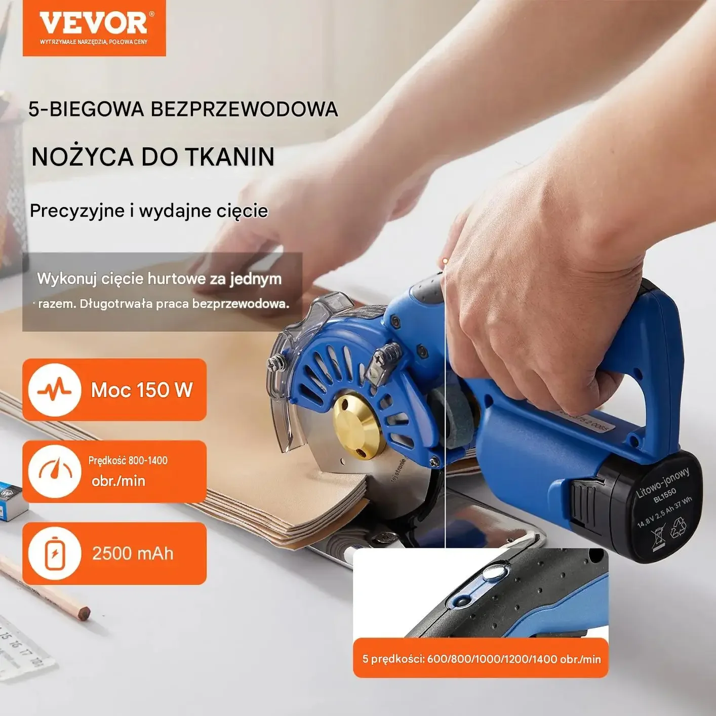 Nóż krawiecki tarczowy akumulatorowa tkaniny skóra 150 W 28 mm mocna czarna - obrazek 2