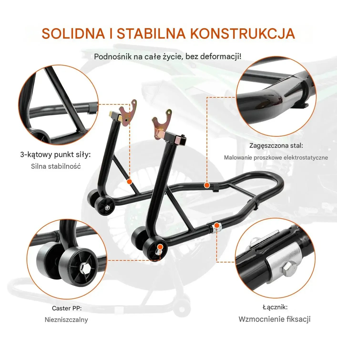Stojak motocyklowy podnośnik czarny premium tylny przedni U L max 390 kg - obrazek 3