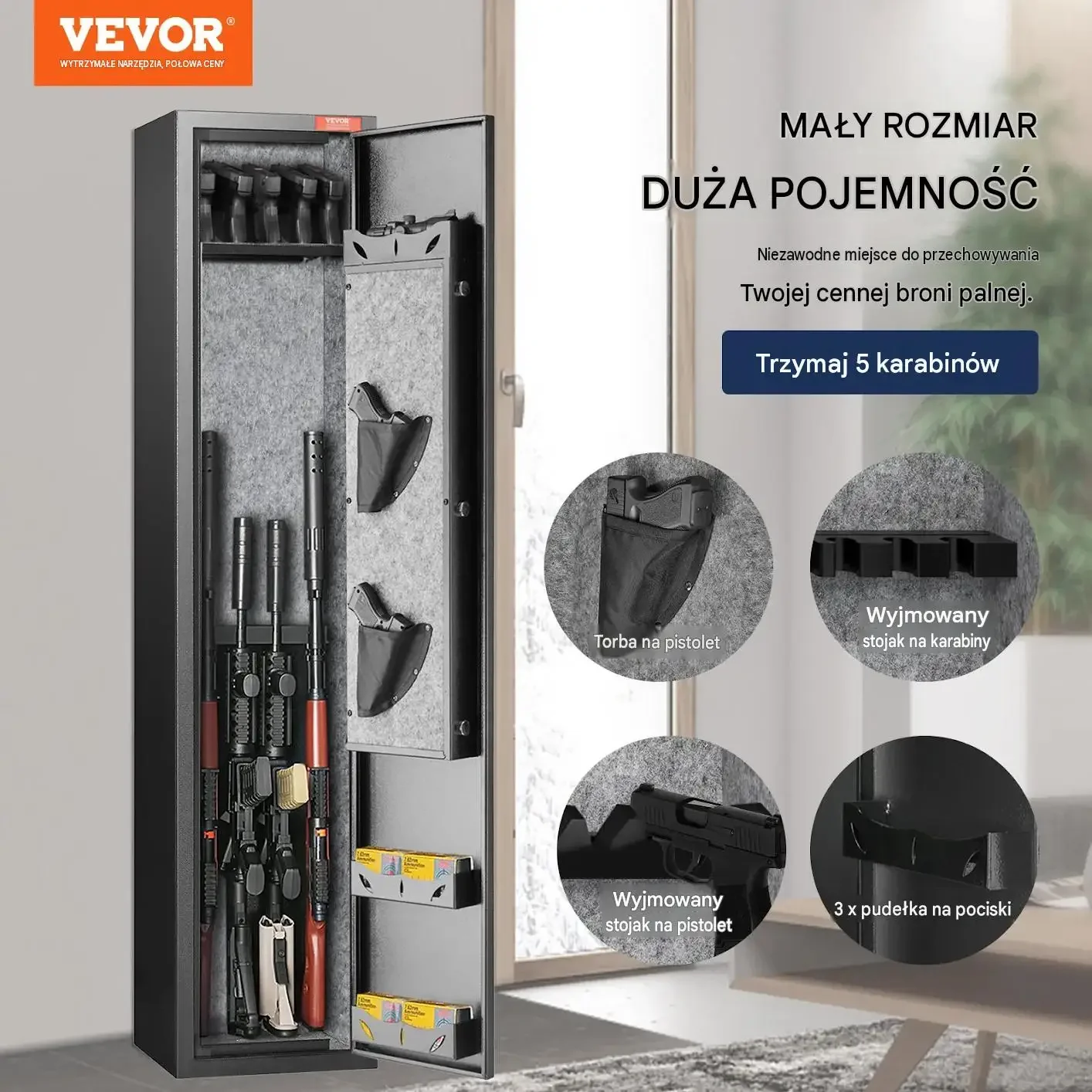 Sejf broń długa czarny mocny stalowy 5 karabinów 4 pistoletów biometria LED - obrazek 5