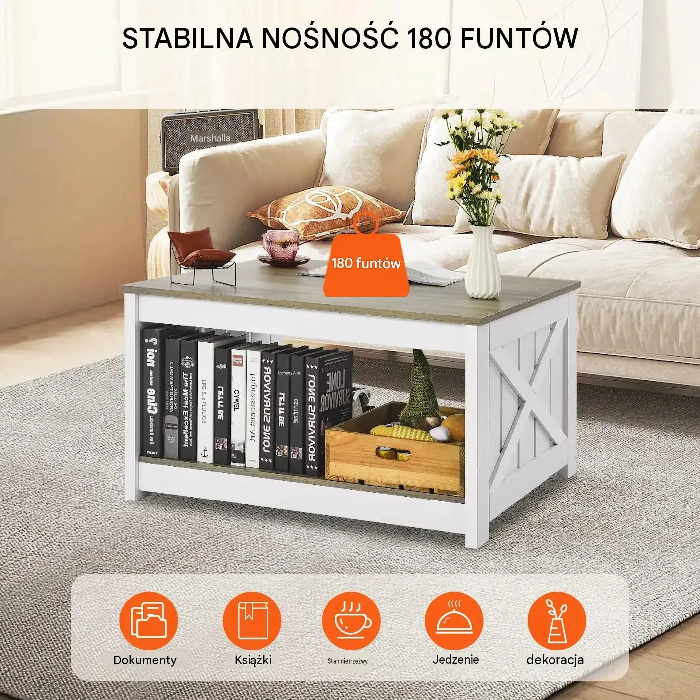 Stolik kawowy kwadratowy 80 cm biały rustykalny premium konstrukcja schowek - obrazek 3