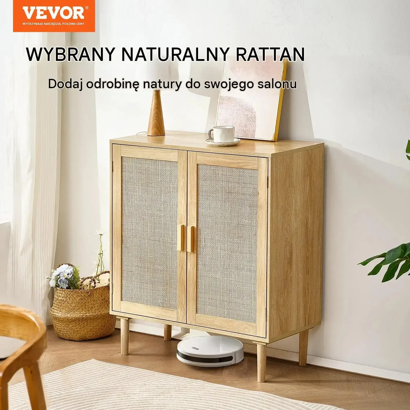 Komoda rattanowa jasna mocna 2 drzwi regulowane półki magnetyczne uchwyty - obrazek 5