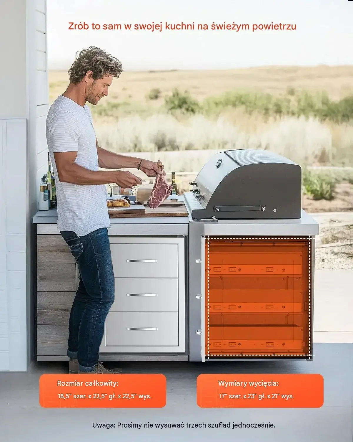 Szuflady grillowe mocna stal nierdzewna 3 szuflady potrójny dostęp BBQ inox - obrazek 3
