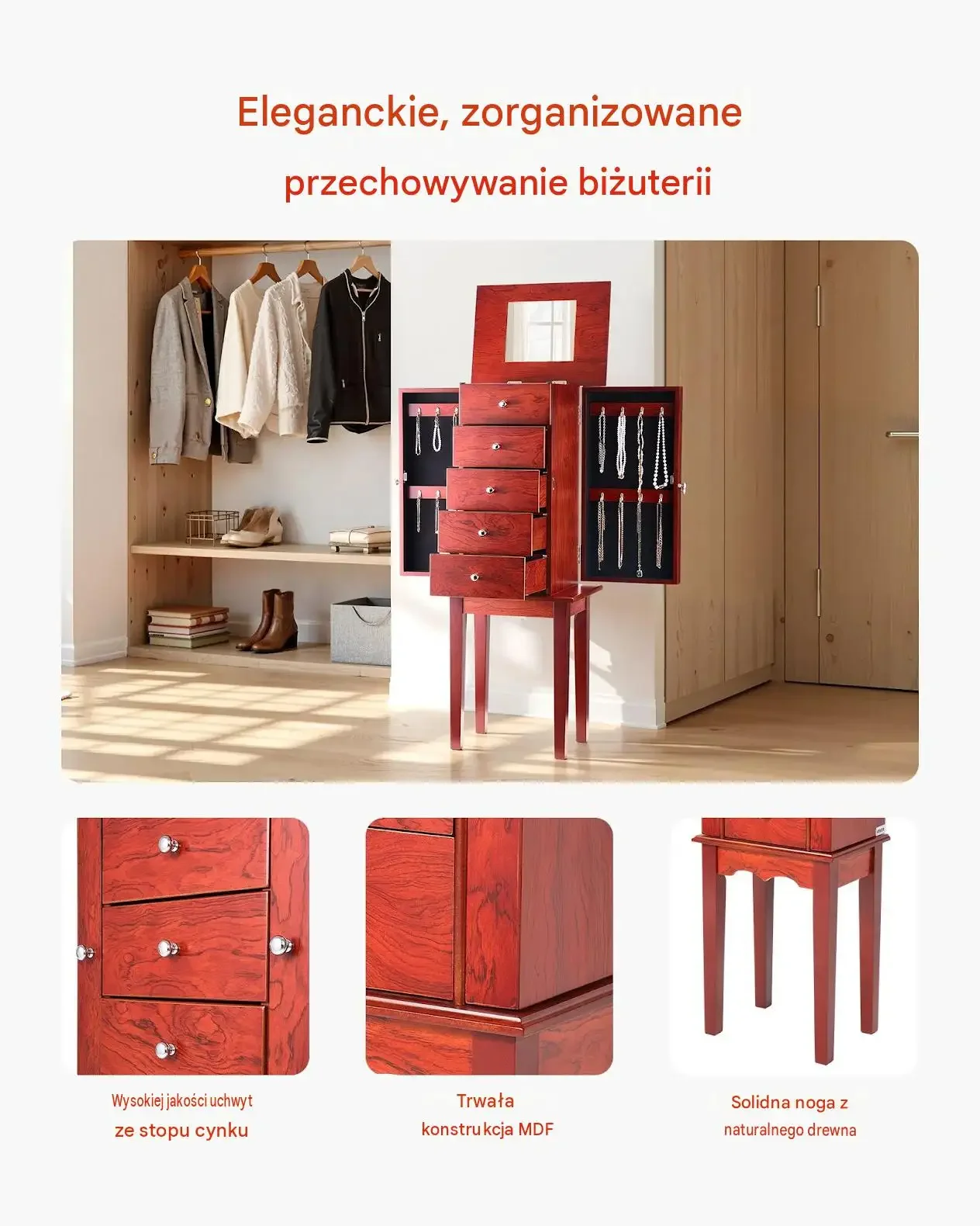 Szkatułka biżuterii stojąca drewniana premium 4 szuflady lustro 16 haczyków - obrazek 4