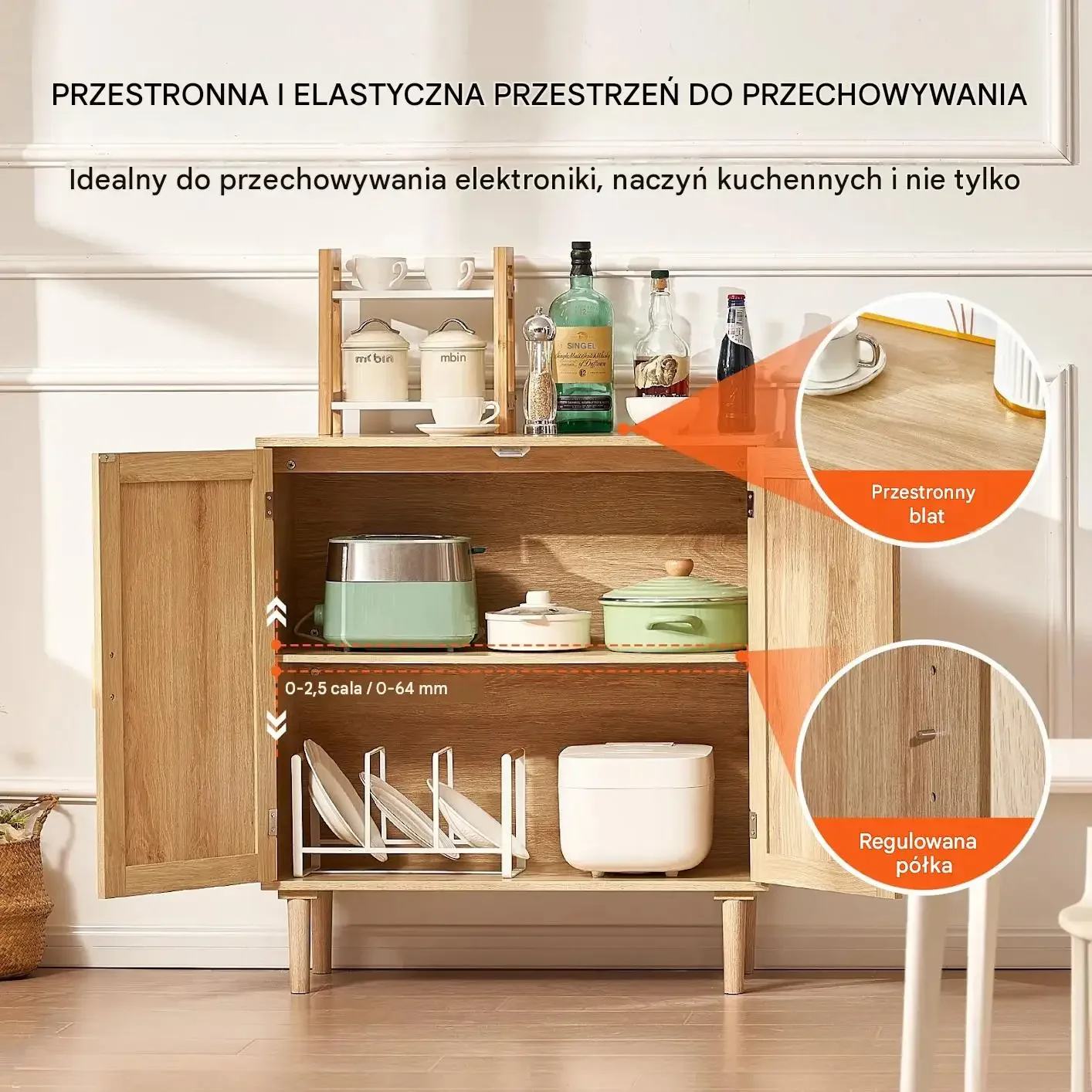 Komoda rattanowa jasna mocna 2 drzwi regulowane półki magnetyczne uchwyty - obrazek 2