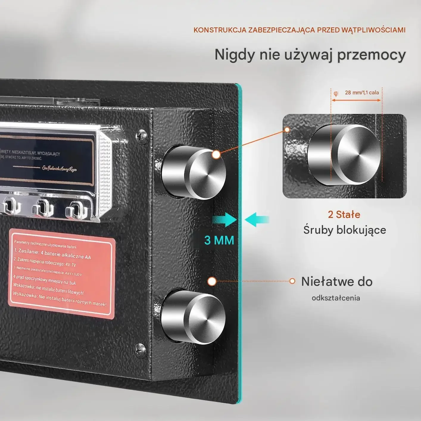 Sejf domowy mocny czarny cyfrowy zamek klucz alarm półka 14 L stalowy 28 mm - obrazek 2