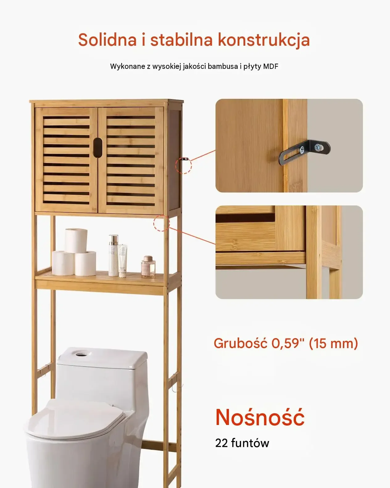 Szafka łazienkowa WC wytrzymała regulowana półka bambus 65 x 27 cm MDF - obrazek 2