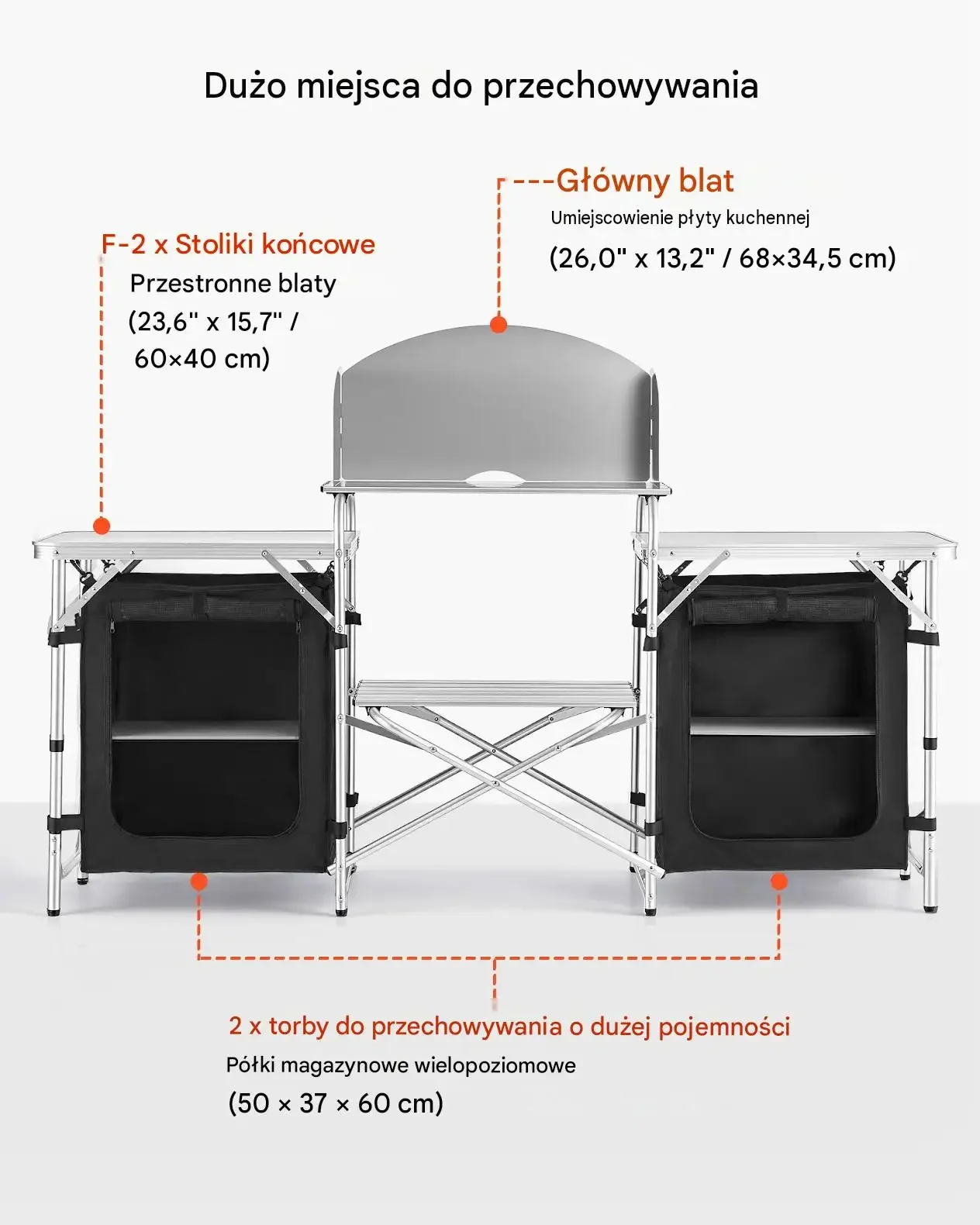 Składana kuchnia kempingowa czarna mocna MDF 2 stoliki schowki osłona grill - obrazek 4
