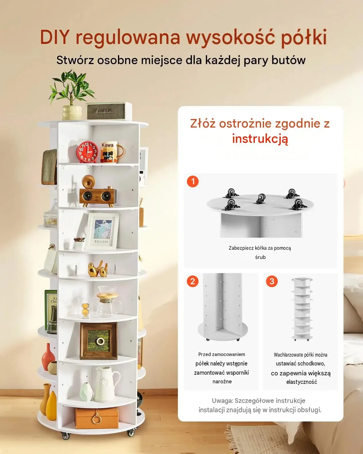 Stojak butów 28 par 7 poziomów obrotowy 360° mobilny biała mocna PVC 16 kg - obrazek 5