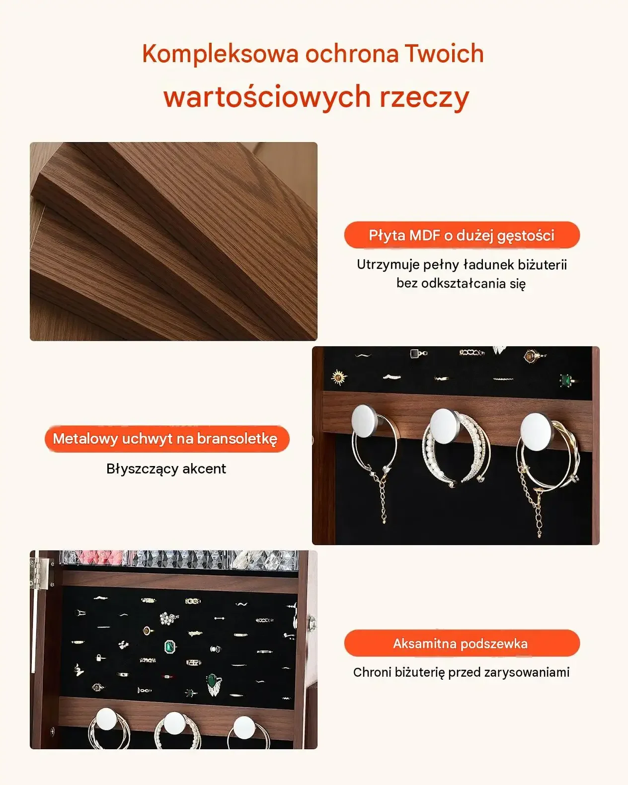 Szafka biżuteryjna obrotowa lustro 360 brązowa premium 72 kolczyków klucze - obrazek 4