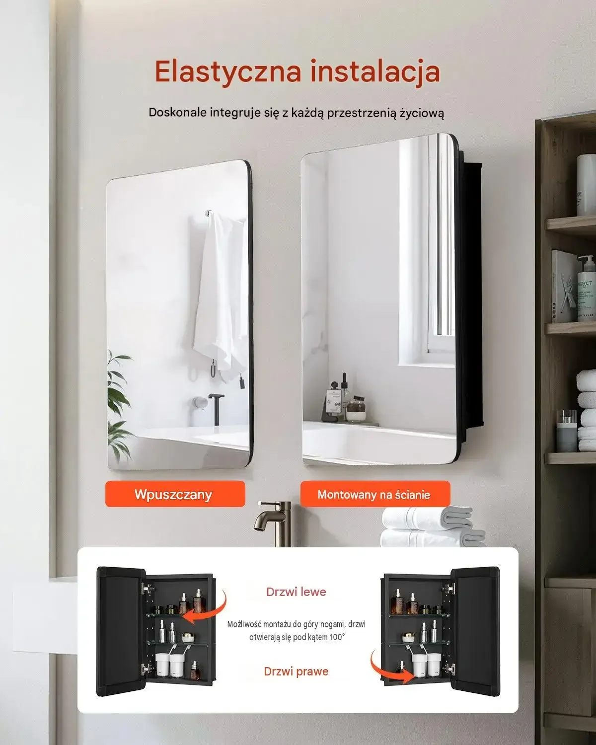 Szafka lekowa lustro czarna premium 406 x 128 x 610 mm szkło hartowane stal - obrazek 3