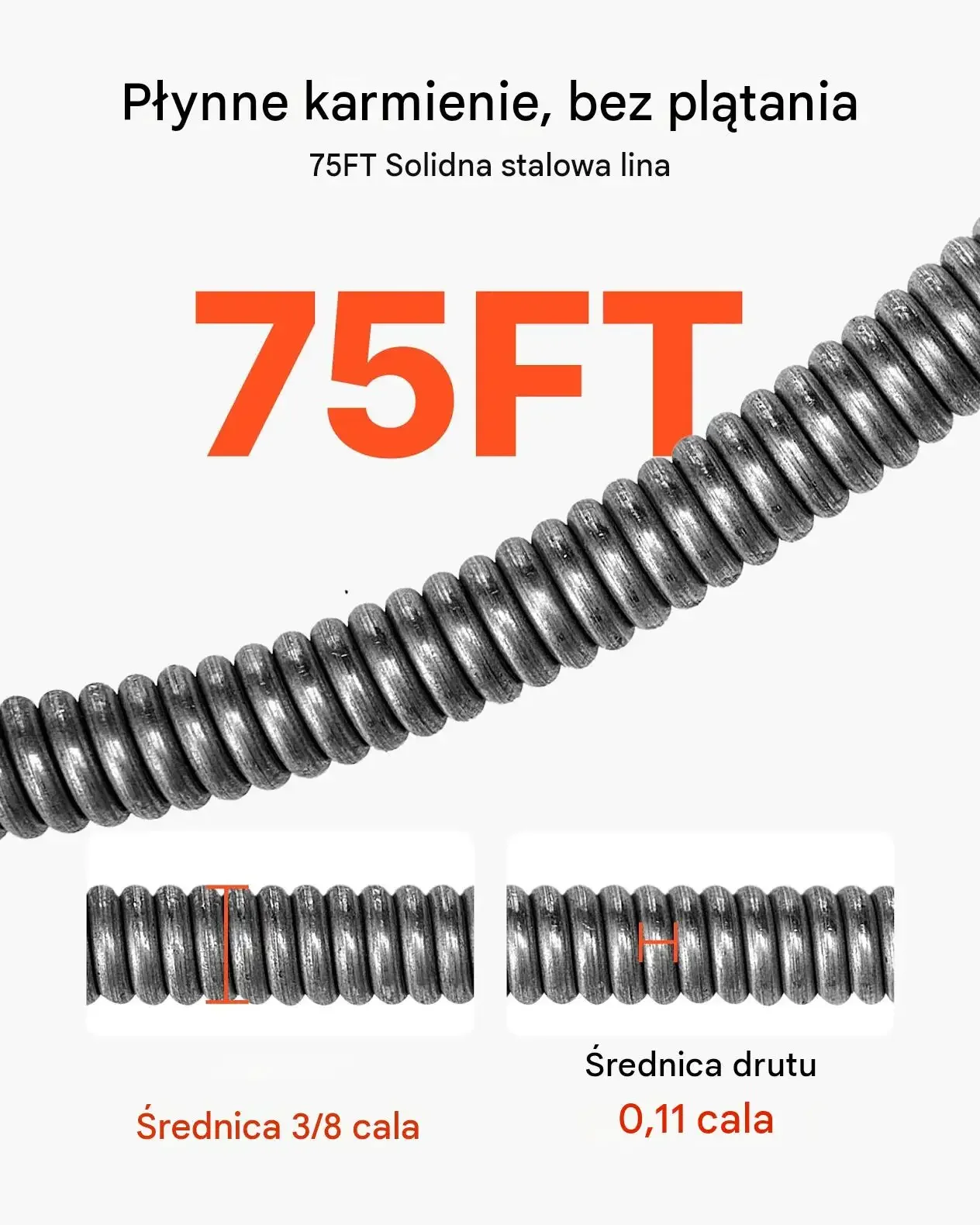 Udrażniacz rur mocna spirala 22 m 9,5 mm 1400 obr/min 6 głowic stalowa lina - obrazek 4