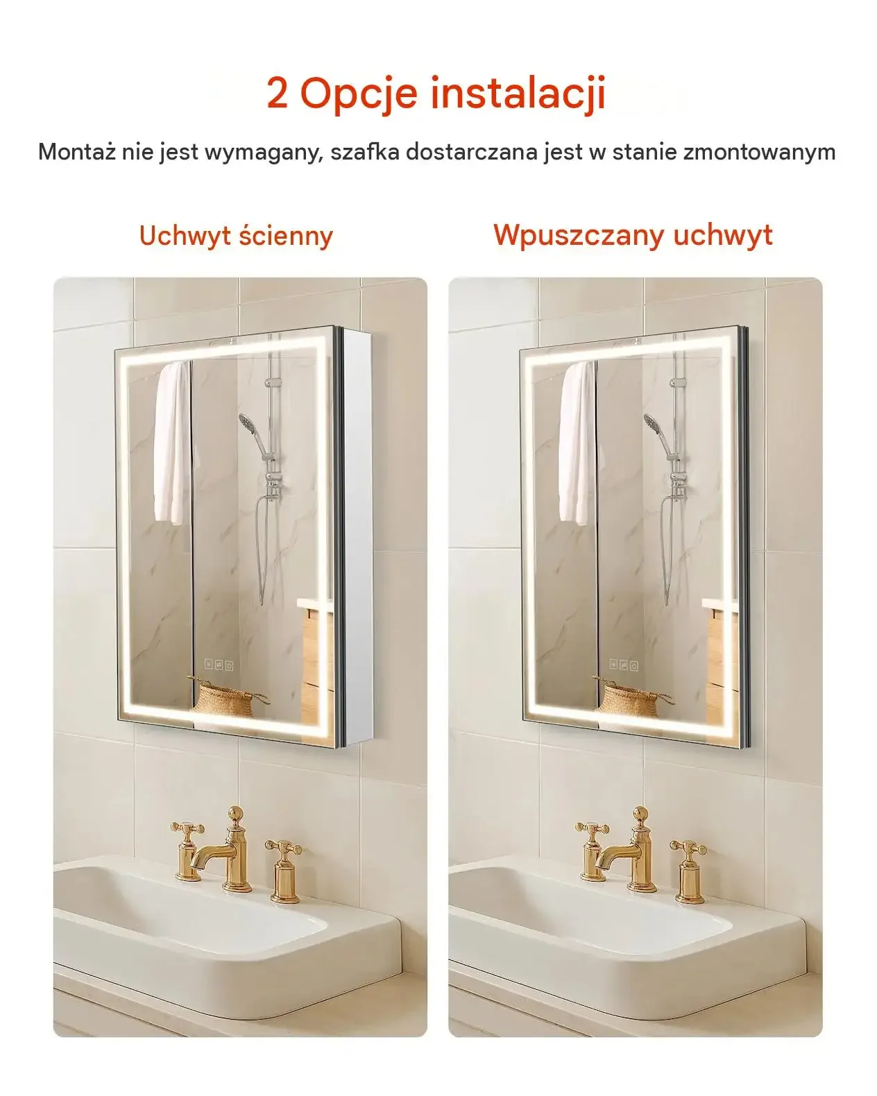 Szafka łazienkowa lustro LED mocna 50 x 70 cm 3 kolory światła odmgławianie - obrazek 5