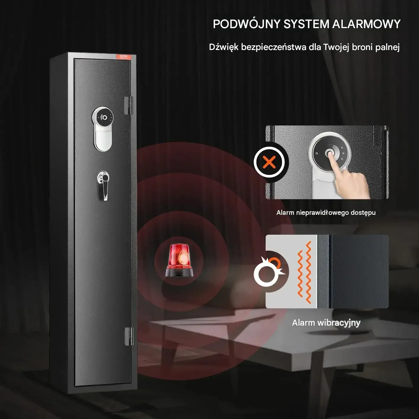 Sejf broń długa czarny mocny stalowy 5 karabinów 4 pistoletów biometria LED - obrazek 6