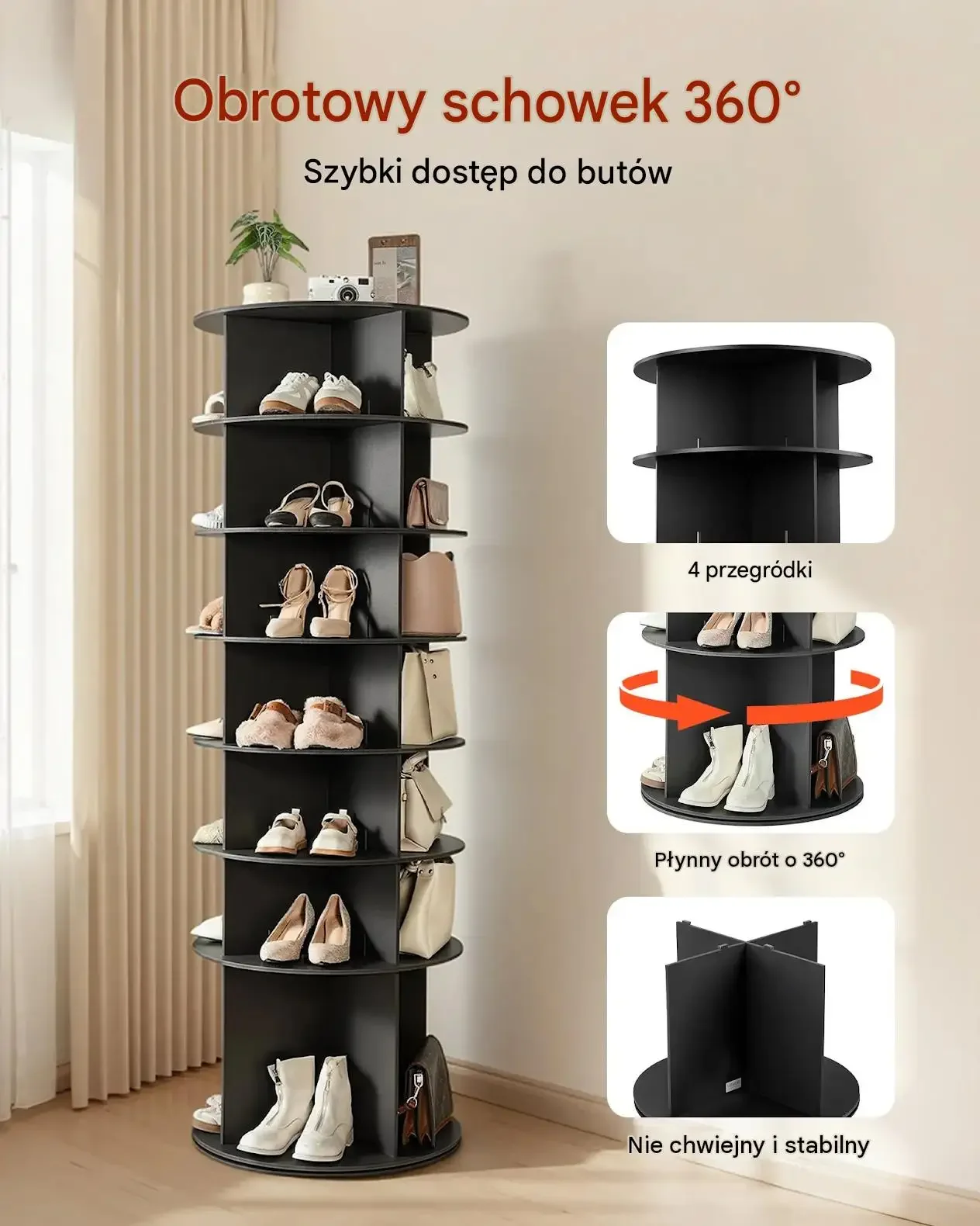 Szafka buty obrotowa 28 par 7 poziomów 360° czarna premium PVC 16 kg 598 mm - obrazek 4