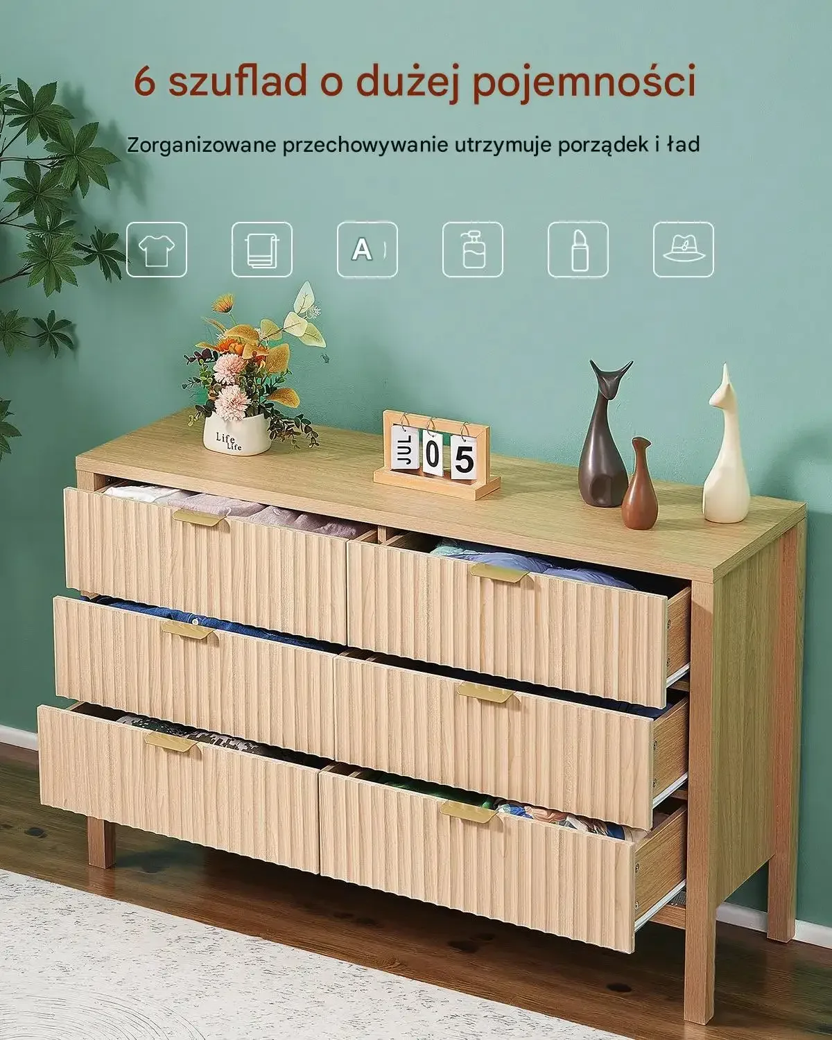 Komoda drewniana szafka szuflady ryflowana salon sypialnia 120 cm premium - obrazek 3