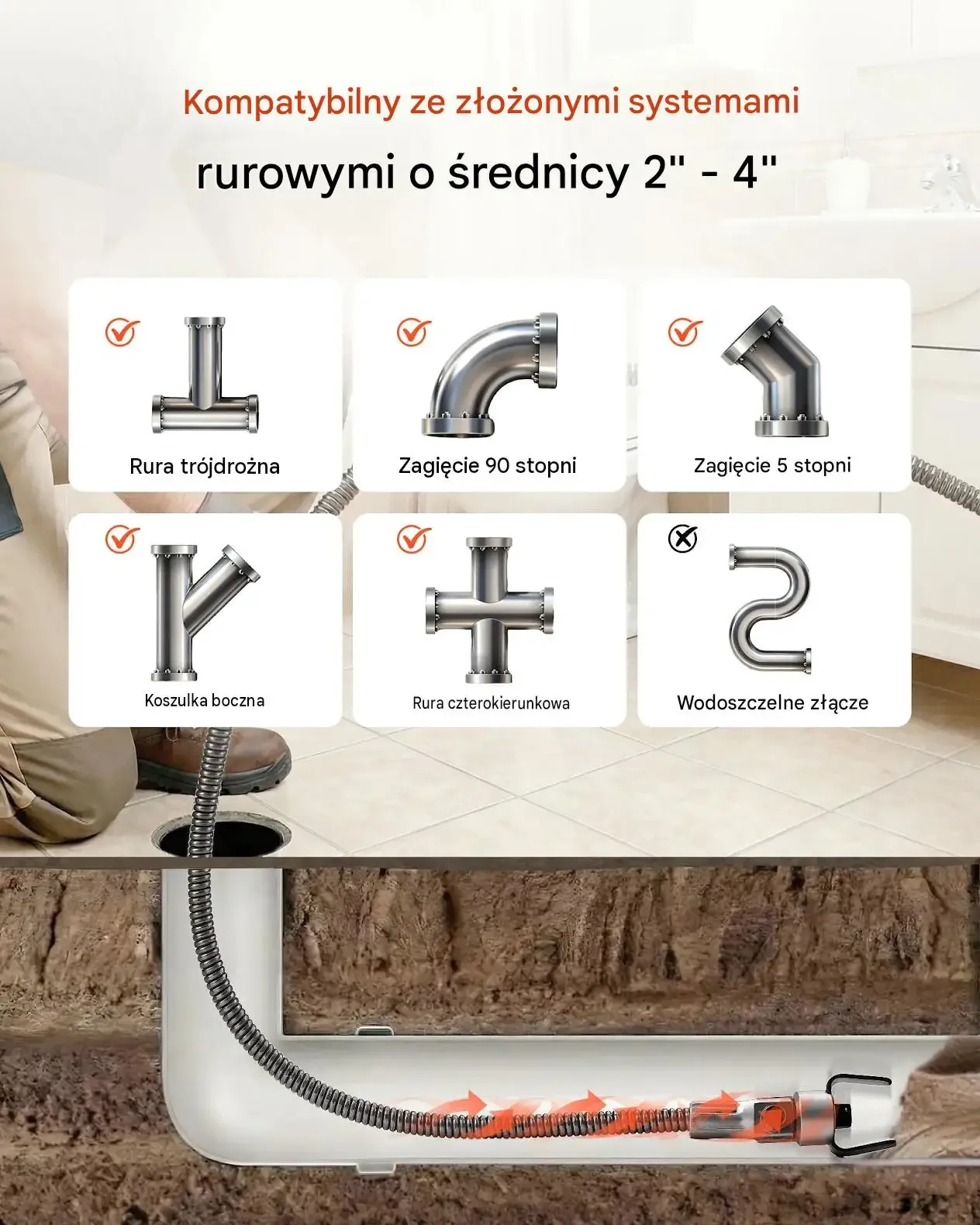 Udrażniacz rur mocna spirala 22 m 9,5 mm 1400 obr/min 6 głowic stalowa lina - obrazek 3