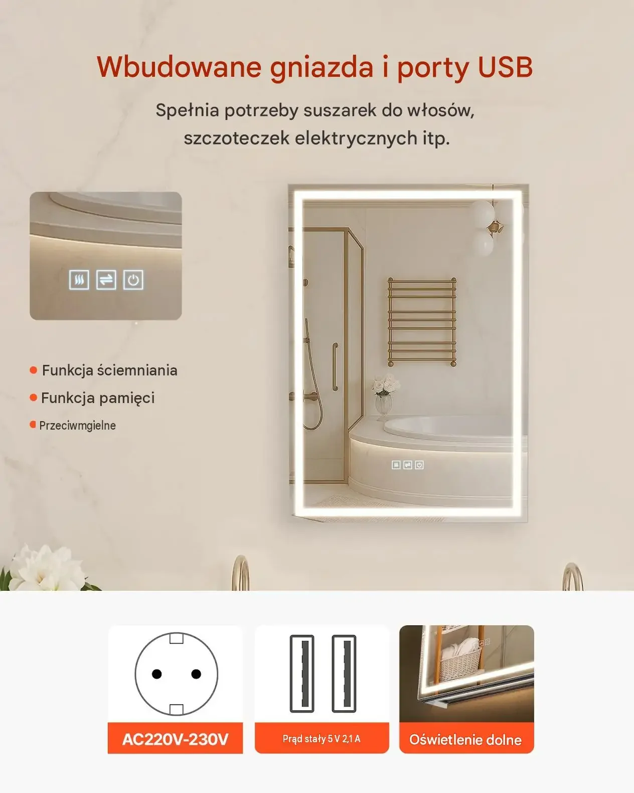Szafka łazienkowa lustro LED mocna 50 x 70 cm 3 kolory światła odmgławianie - obrazek 2