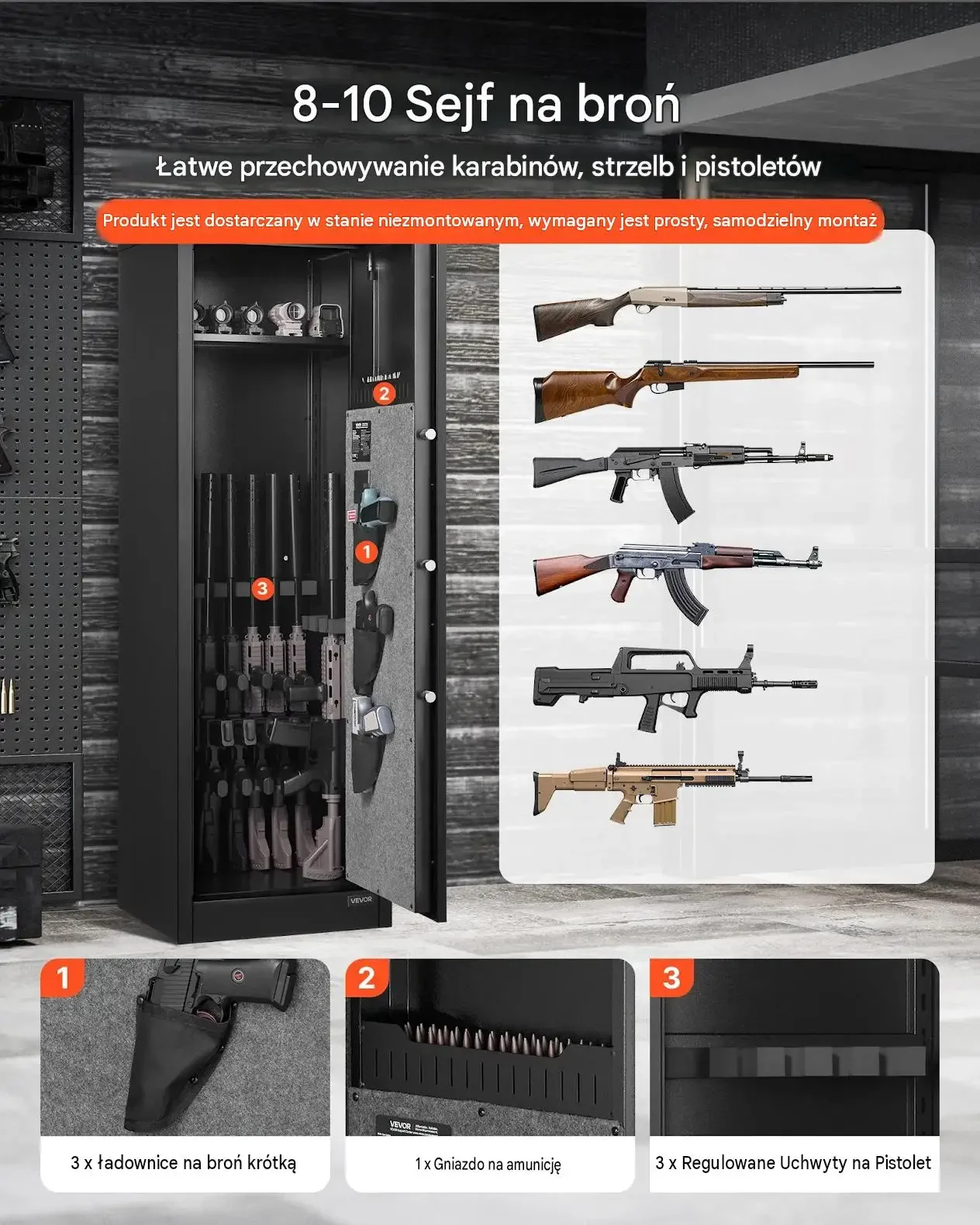 Szafka zabezpieczająca broń czarna premium 3 przegrody zamek biometryczny - obrazek 4