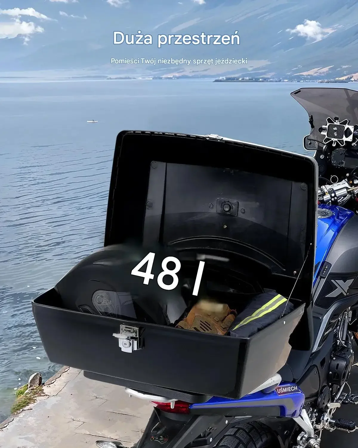 Wodoodporny kufer motocyklowy centralny płyta odblask 48 L czarny premium - obrazek 3