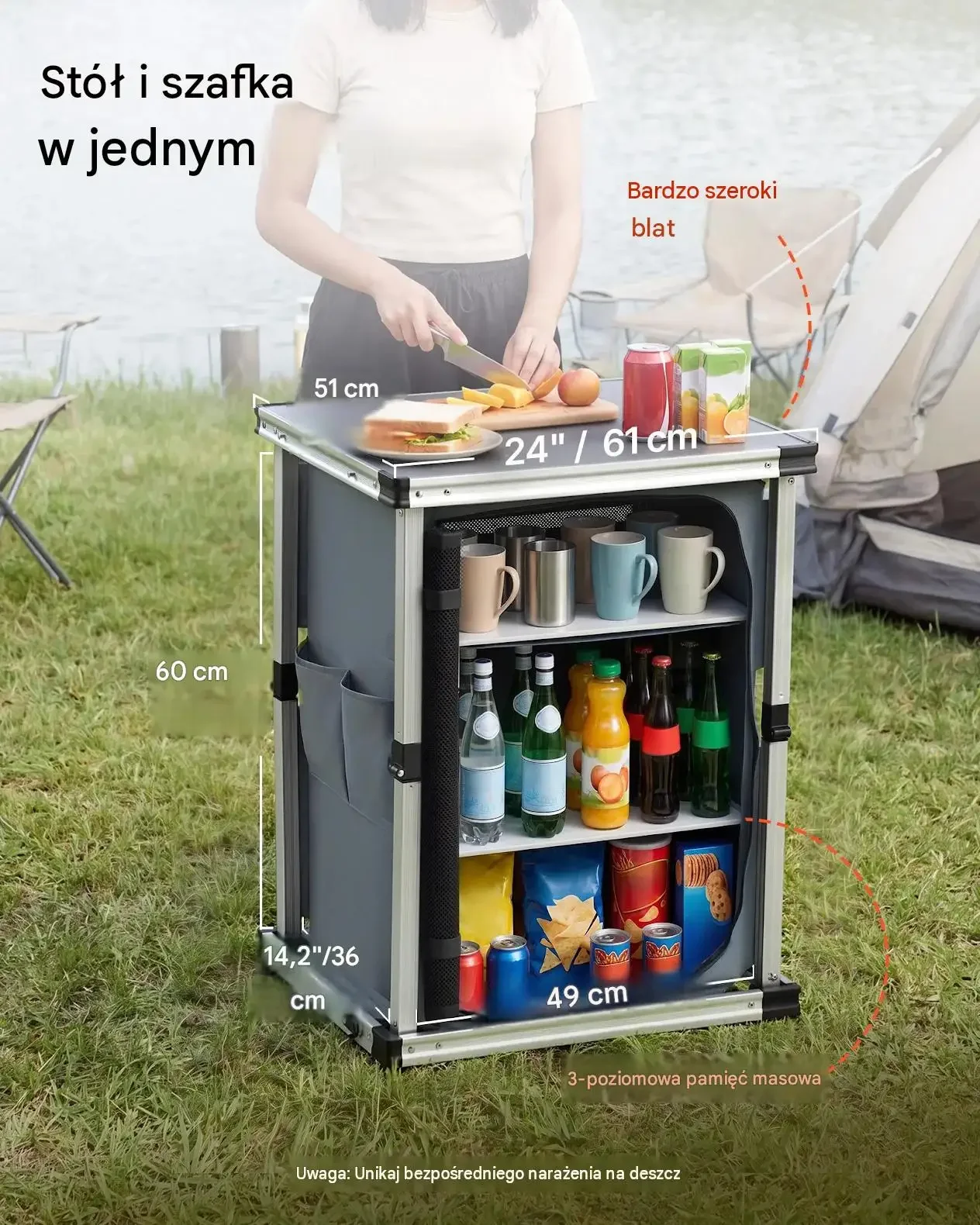 Kuchnia kempingowa składana premium szafka 3 półki blat MDF 30 kg przenośna - obrazek 4