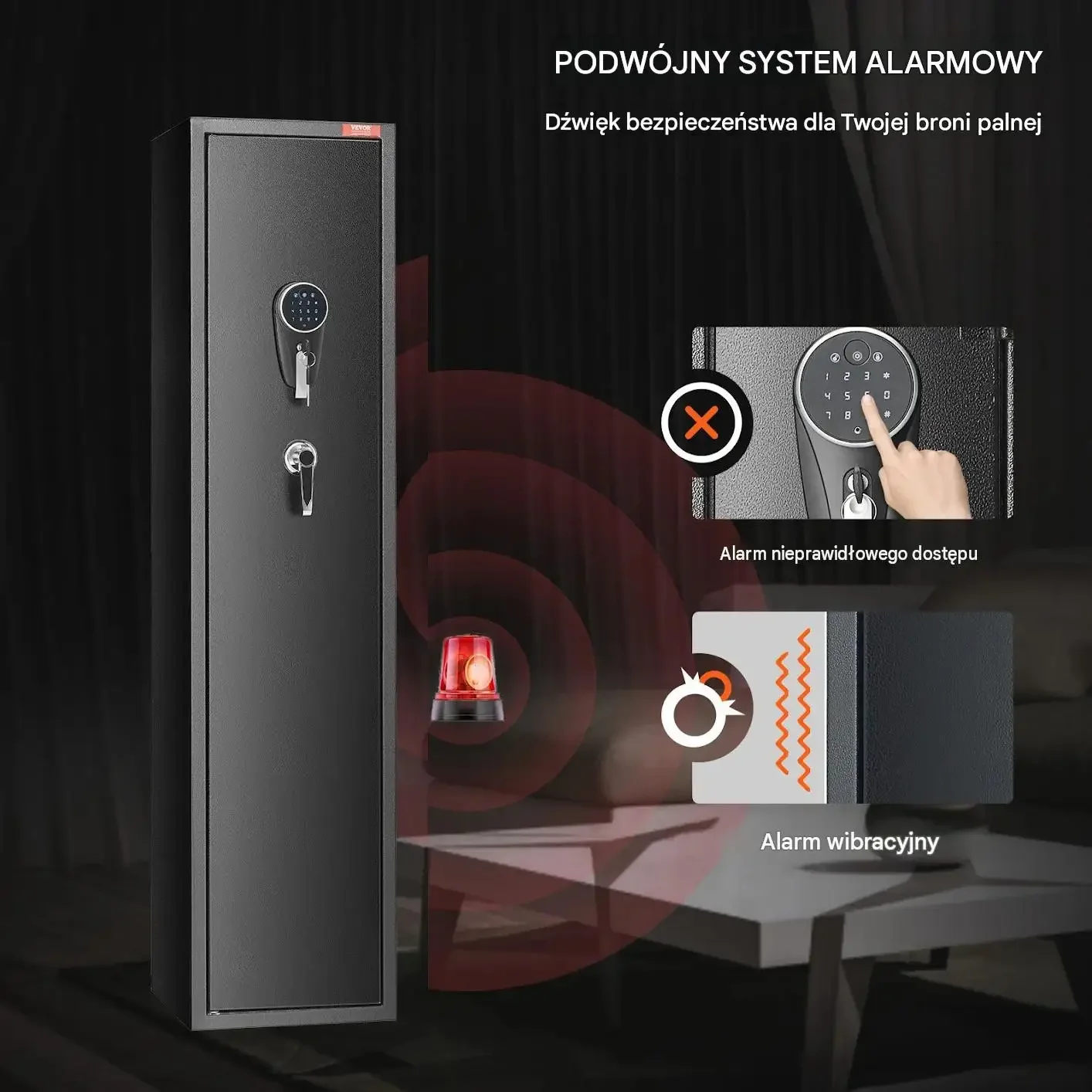 Sejf broni czarny 6 karabinów biometryczny mocna stal klawiatura LED alarm - obrazek 5