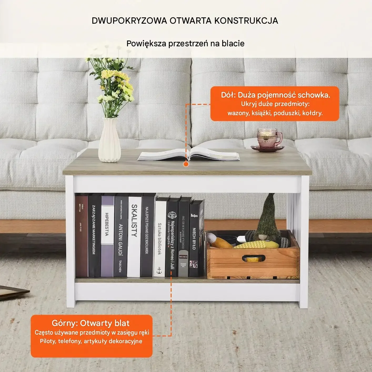 Stolik kawowy kwadratowy 80 cm biały rustykalny premium konstrukcja schowek - obrazek 2