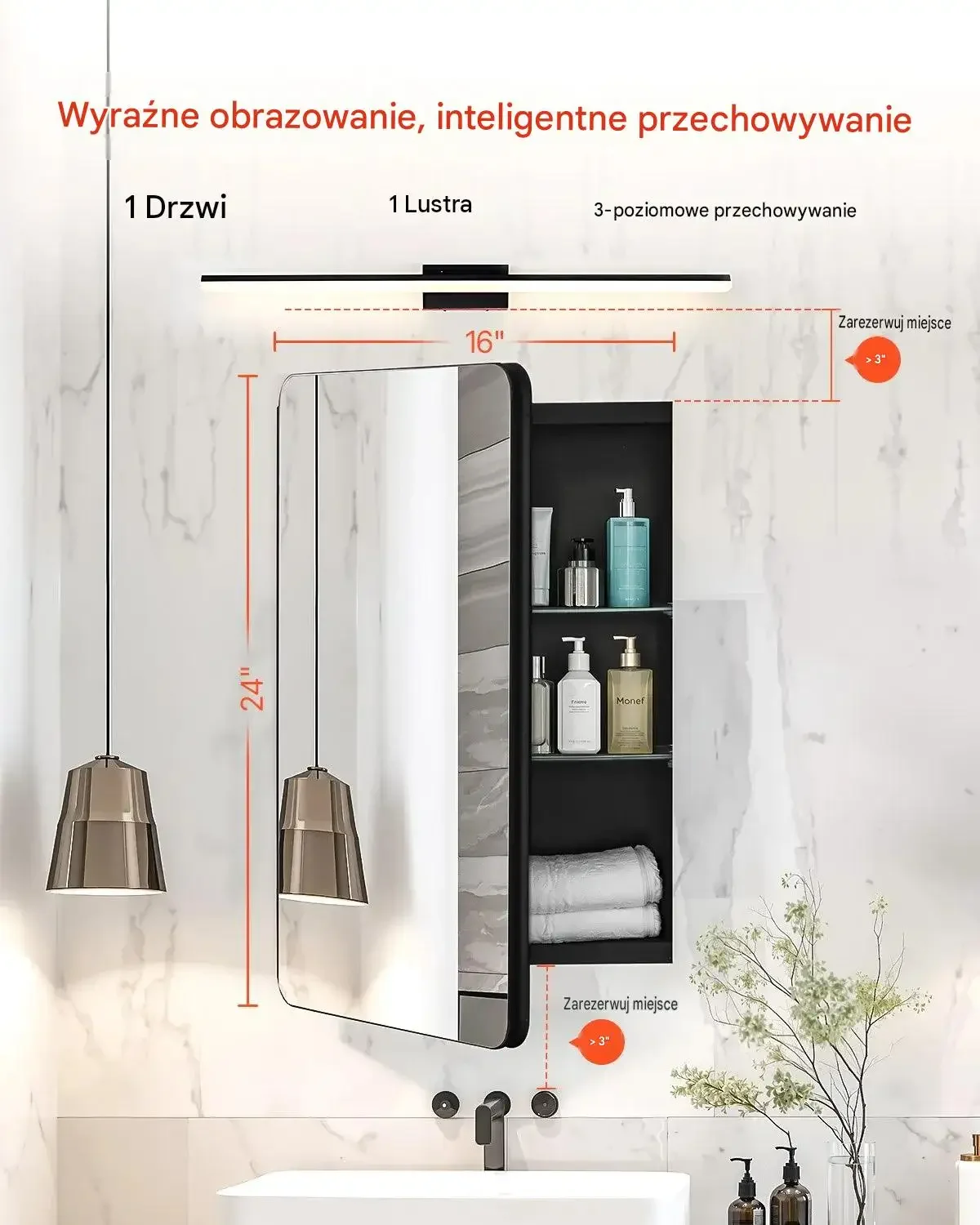 Szafka lekowa lustro czarna premium 406 x 128 x 610 mm szkło hartowane stal - obrazek 4