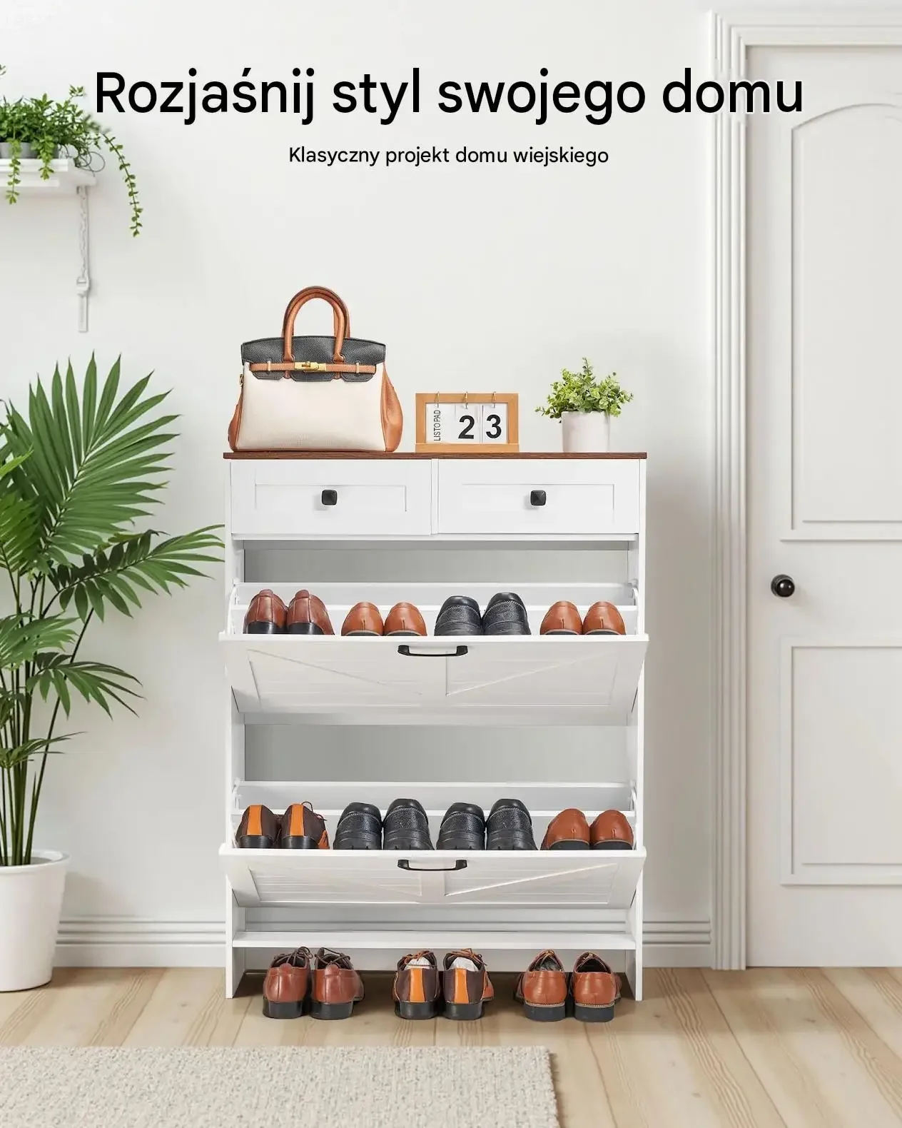 Szafka buty biała mocna 2 drzwi 2 szuflady antywywrotowa 80 x 24 x 105 cm - obrazek 3