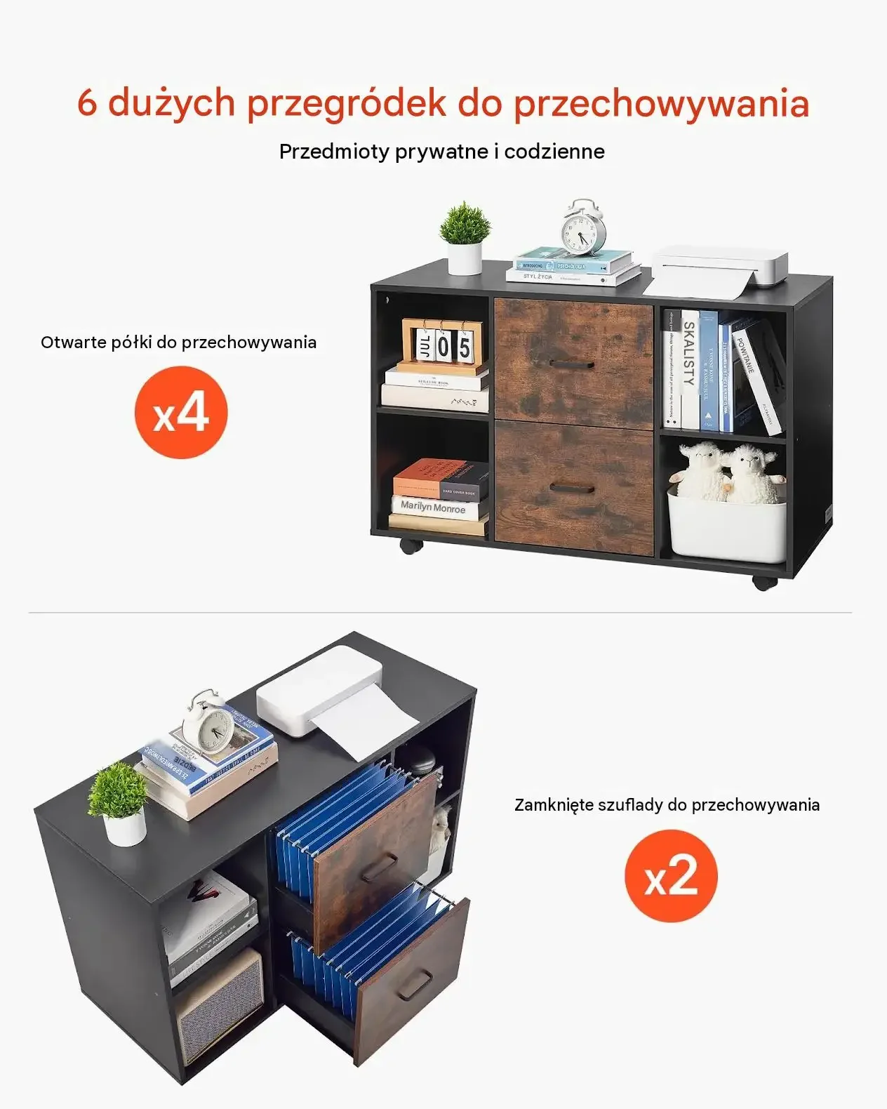 Szafka biurowa premium czarna 2 szuflady 4 półki regulowane mobilna A4 A3 - obrazek 4