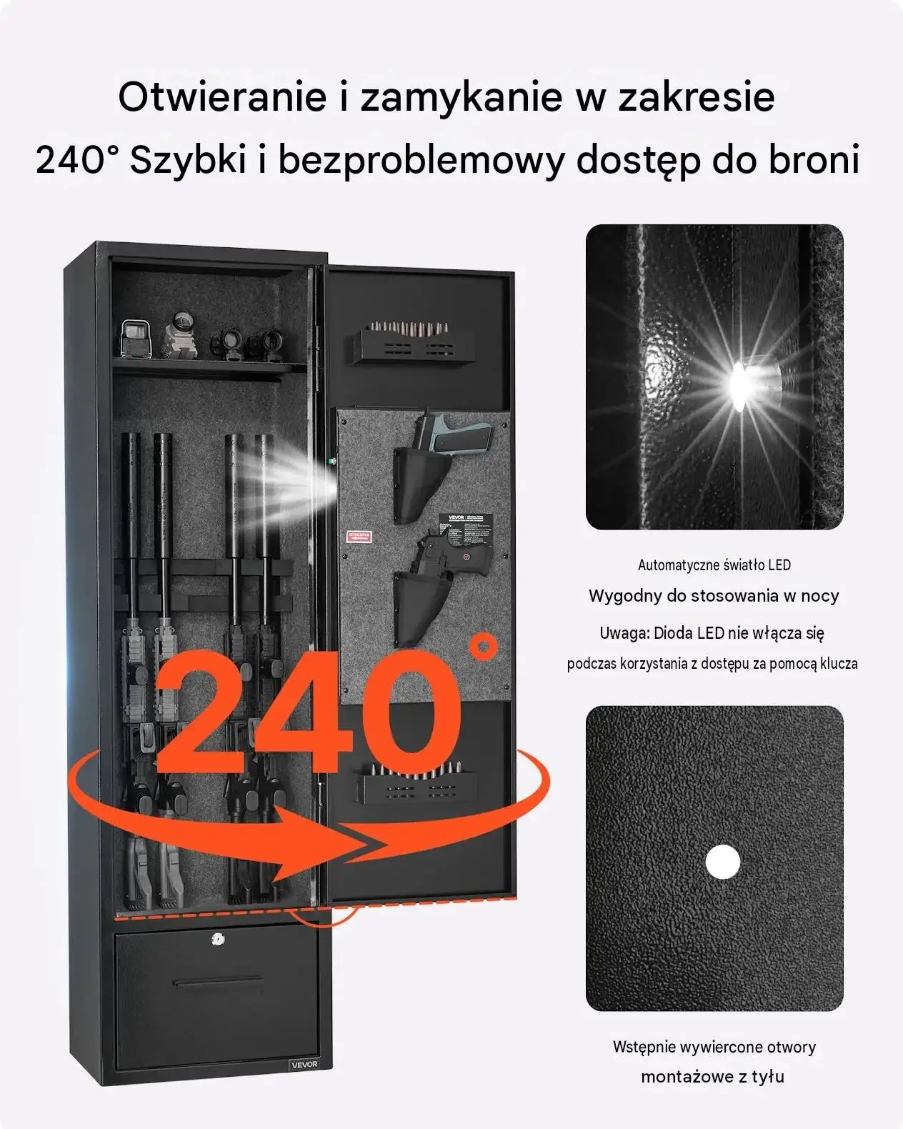 Sejf broń długa szafka mocna czarna 4 karabiny zamek kodowy alarm LED 57 mm - obrazek 2