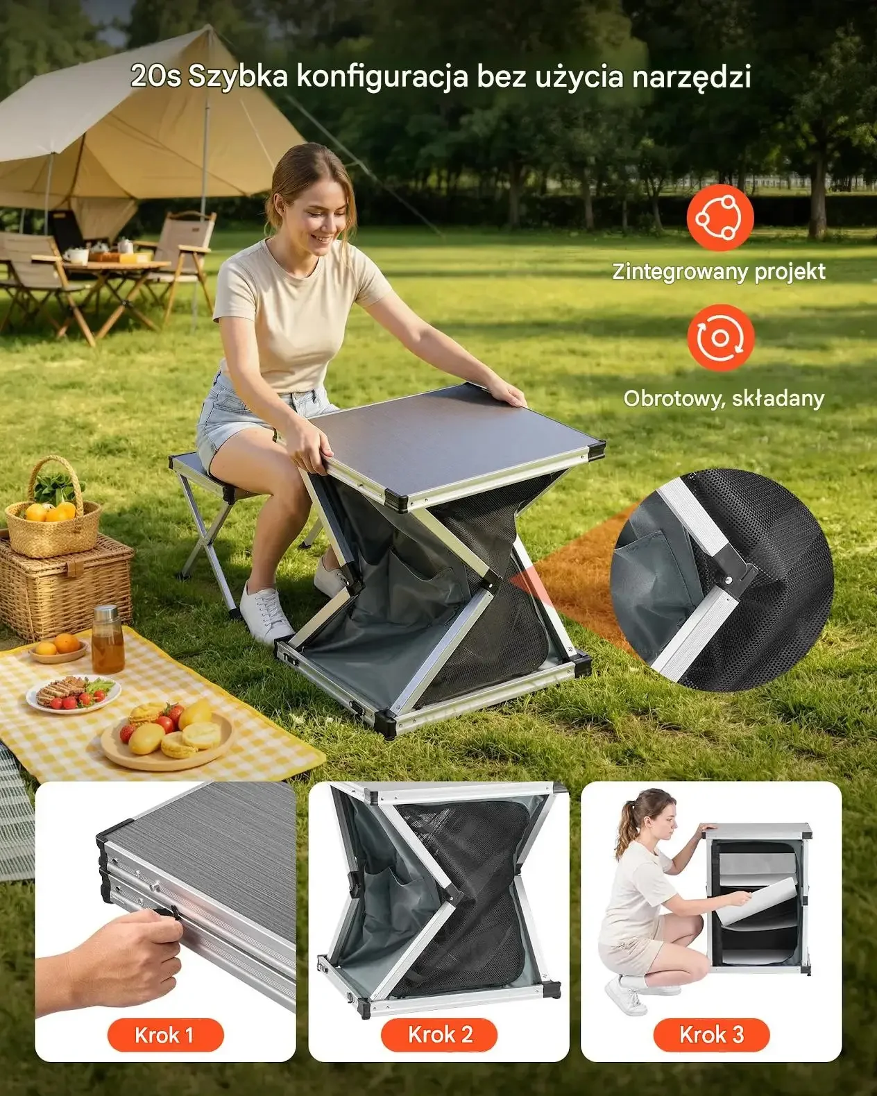 Kuchnia kempingowa składana premium szafka 3 półki blat MDF 30 kg przenośna - obrazek 5