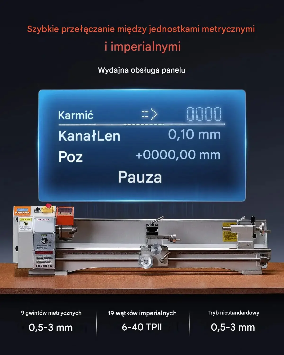 Tokarka metalowa stołowa 1250 W posuw automatyczny gwintowanie czarna mocna - obrazek 2