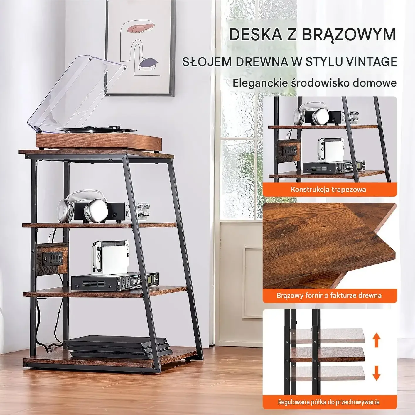 Stojak multimedialny audio wideo 4 poziomy czarny mocna rama oświetlenie 50 - obrazek 6