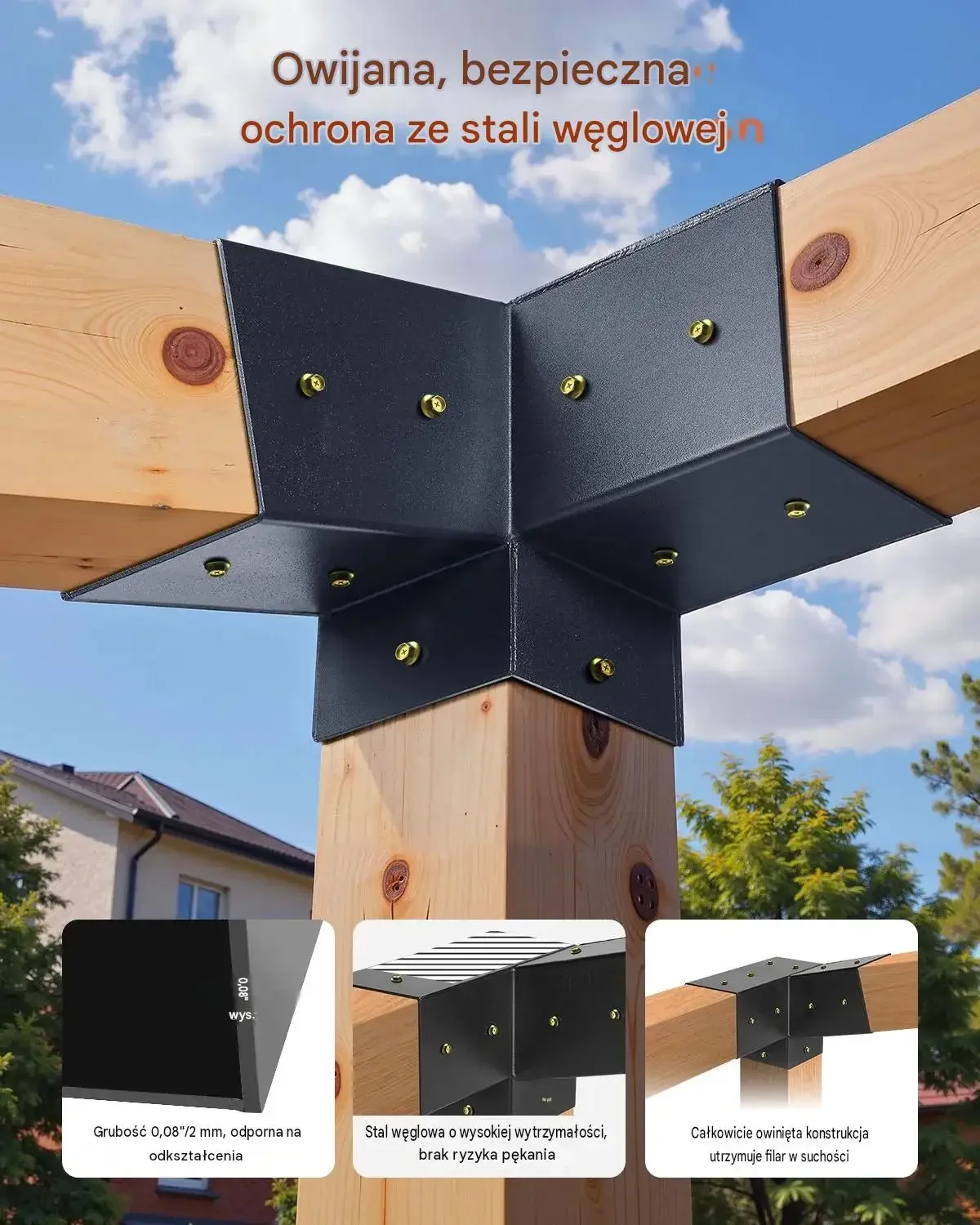 Łącznik słupków pergola czarny mocna stal 92 x 92 mm narożny 8 szt. zestaw - obrazek 6