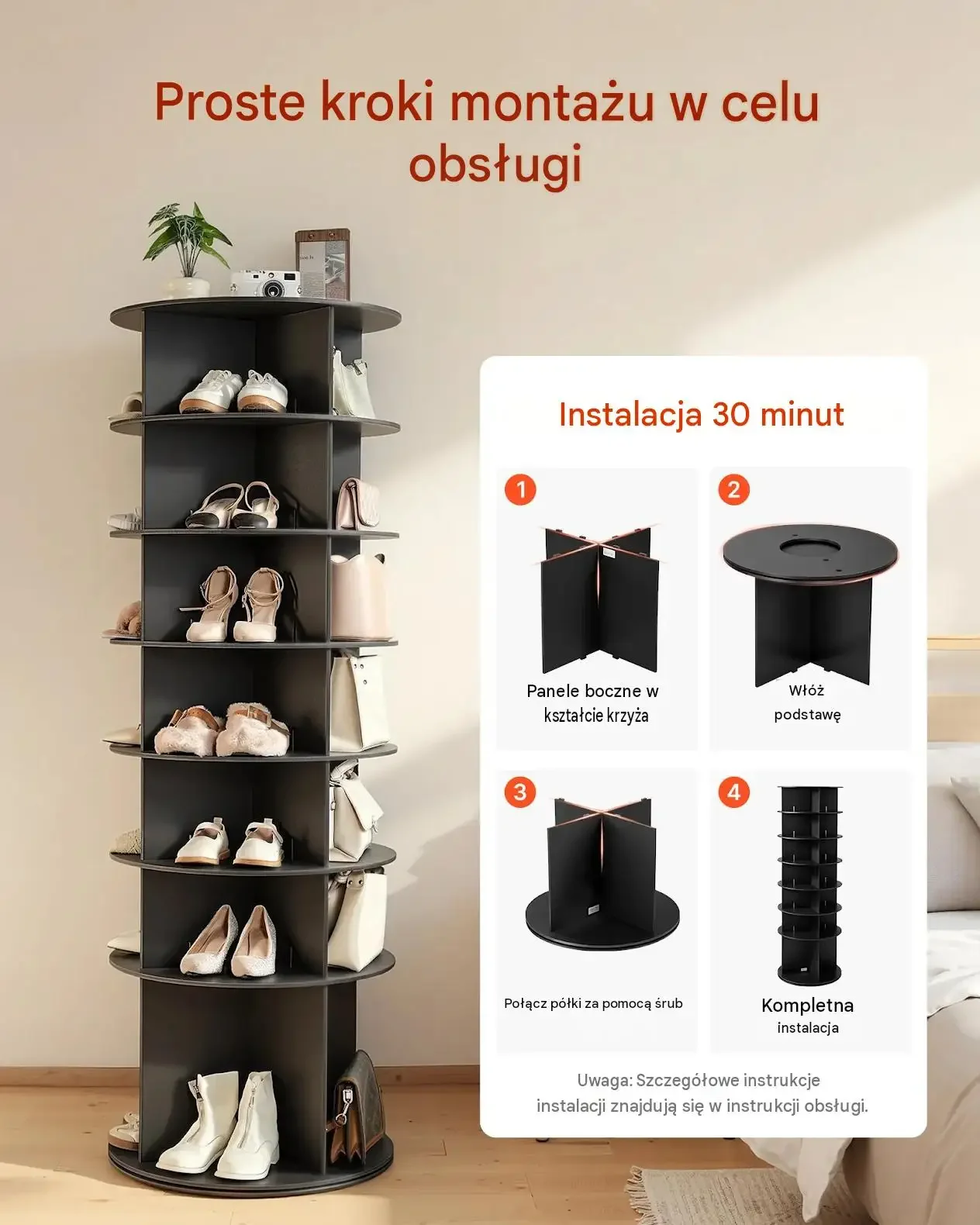 Szafka buty obrotowa 28 par 7 poziomów 360° czarna premium PVC 16 kg 598 mm - obrazek 3