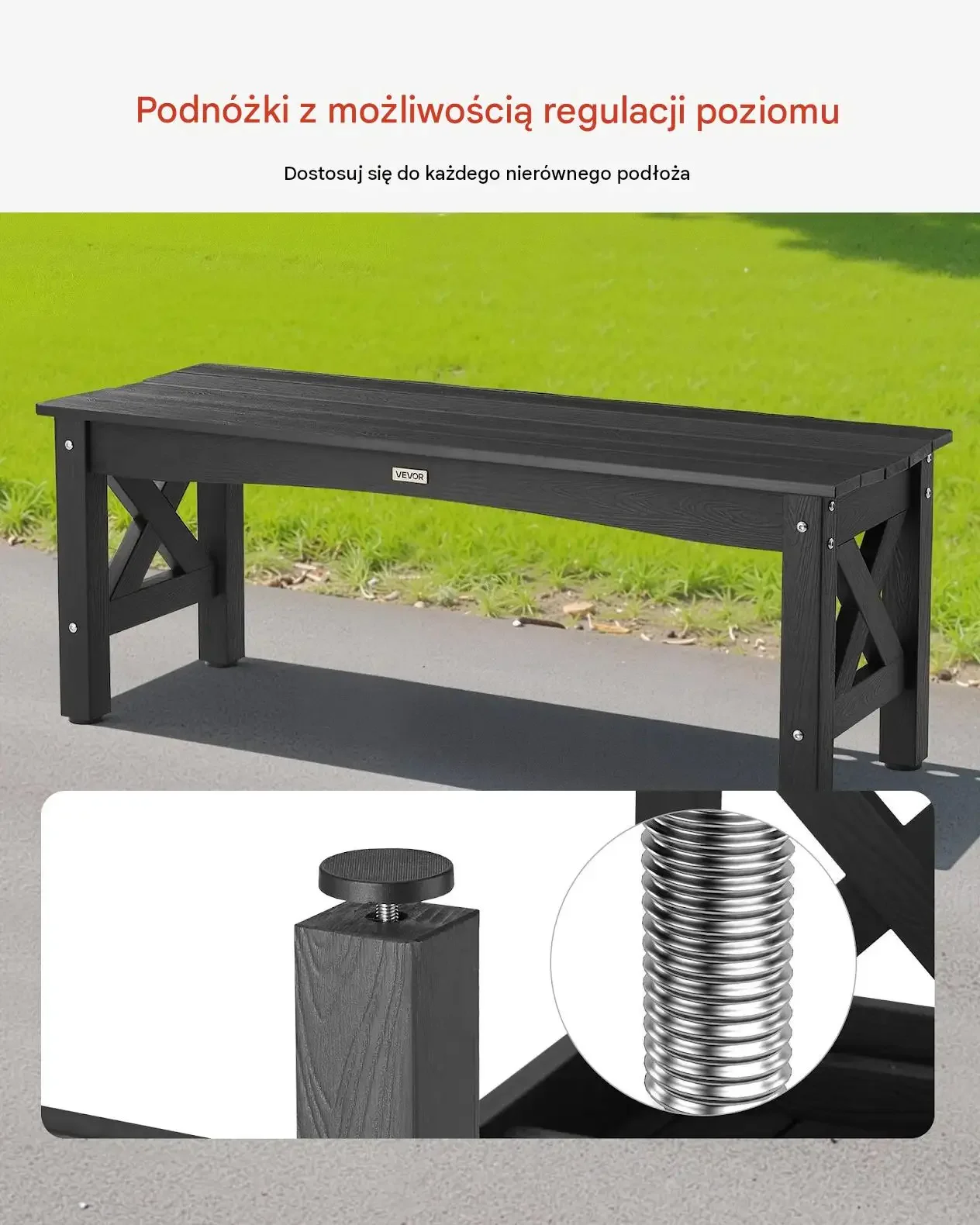 Ławka ogrodowa plastikowa czarna 113 cm mocna 272 kg regulowane stopki 2 os - obrazek 3