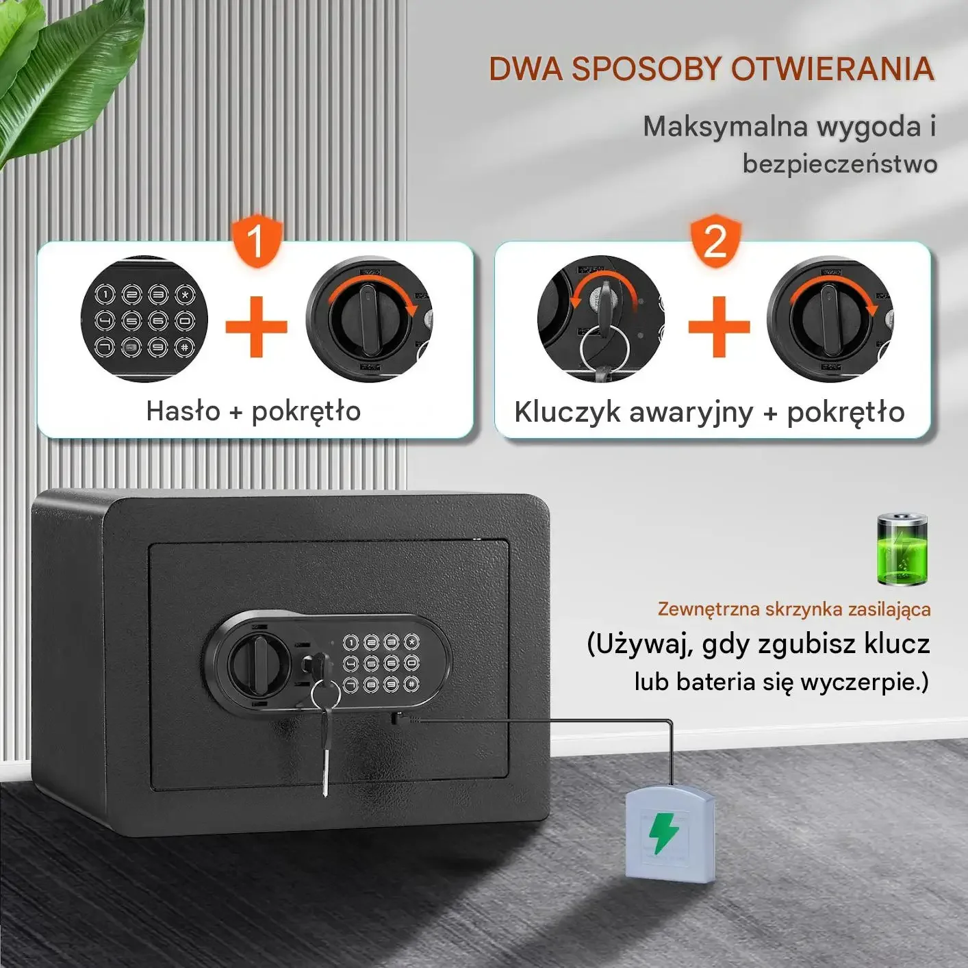 Sejf domowy mocny czarny cyfrowy zamek klucz alarm półka 14 L stalowy 28 mm - obrazek 6