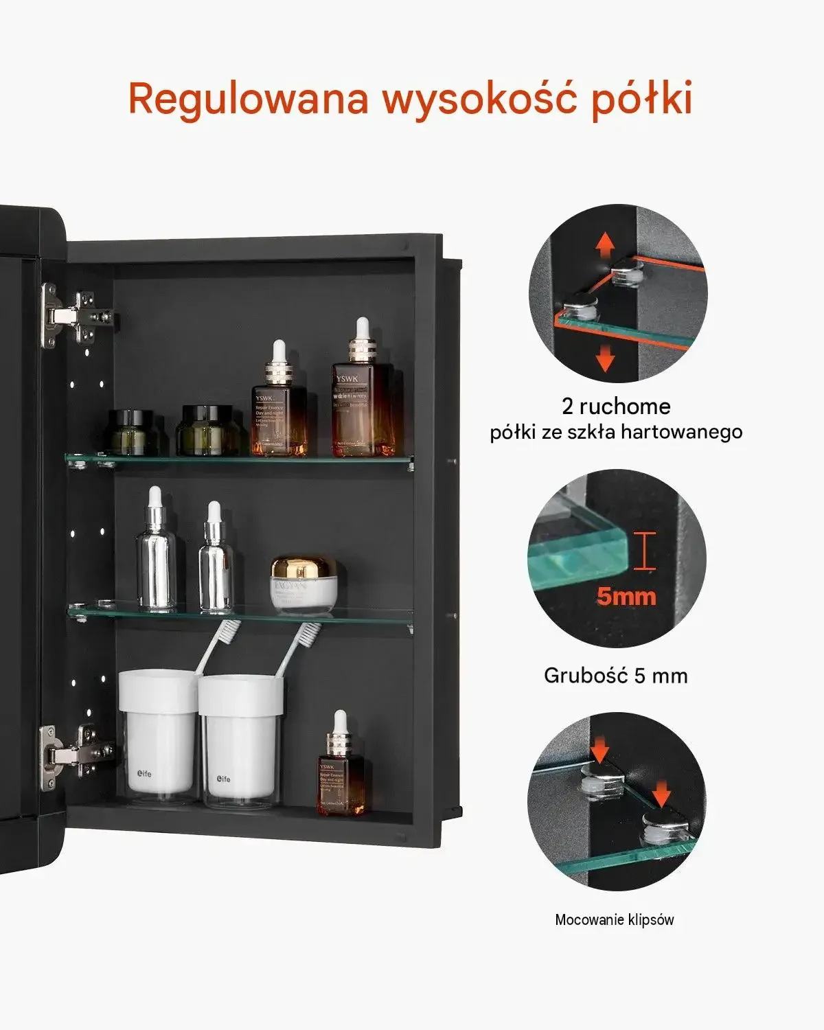 Szafka lekowa lustro czarna premium 406 x 128 x 610 mm szkło hartowane stal - obrazek 6
