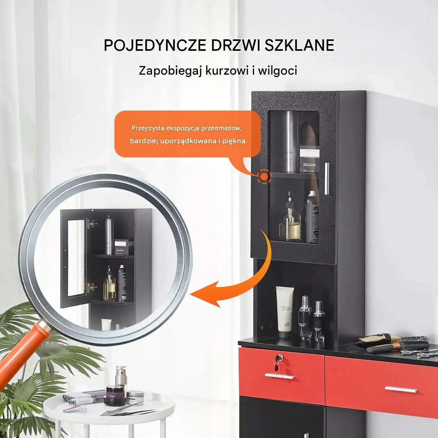 Stacja fryzjerska mocna czarny 2 szuflady 3 półki szafka zamykana MDF drzwi - obrazek 2
