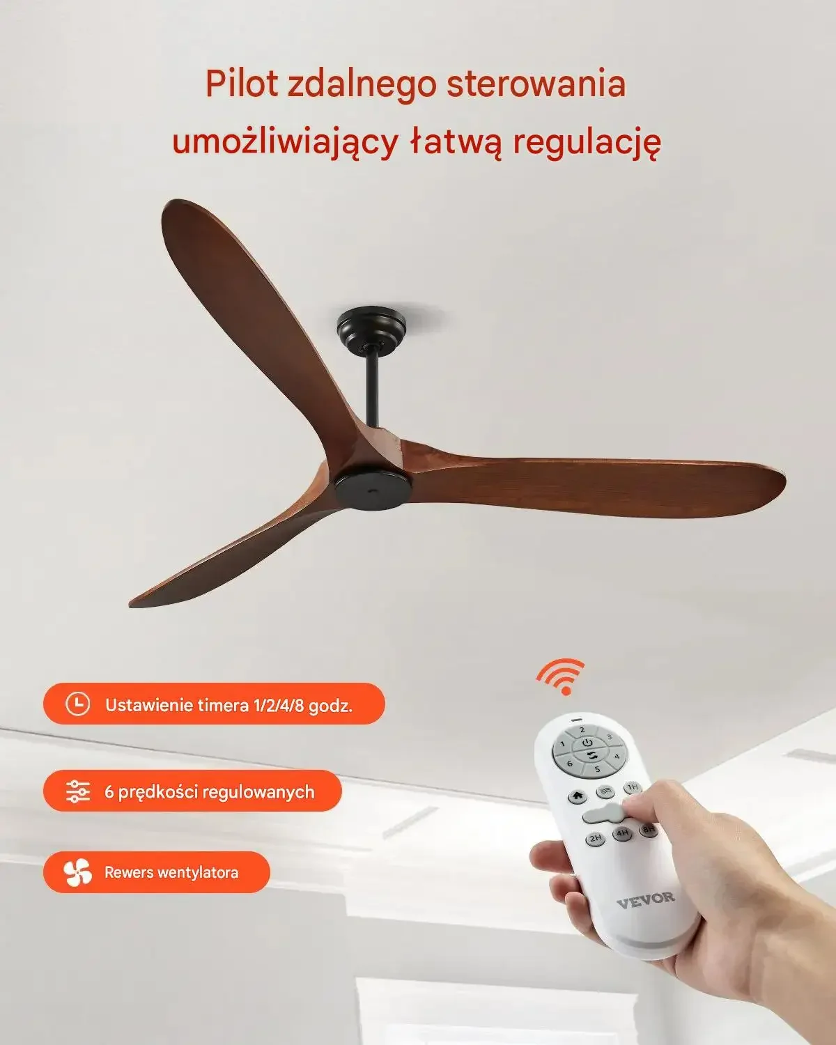 Wentylator sufitowy premium 180 cm 3 łopatki drewniane pilot 6 biegów cichy - obrazek 5