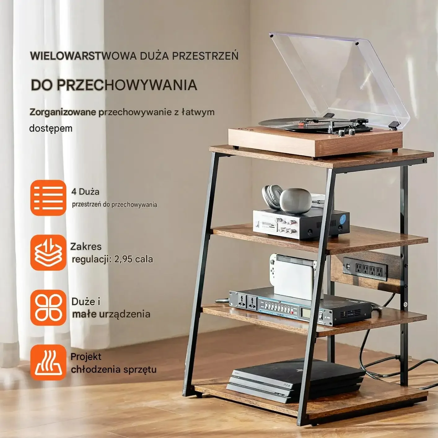 Stojak multimedialny audio wideo 4 poziomy czarny mocna rama oświetlenie 50 - obrazek 2