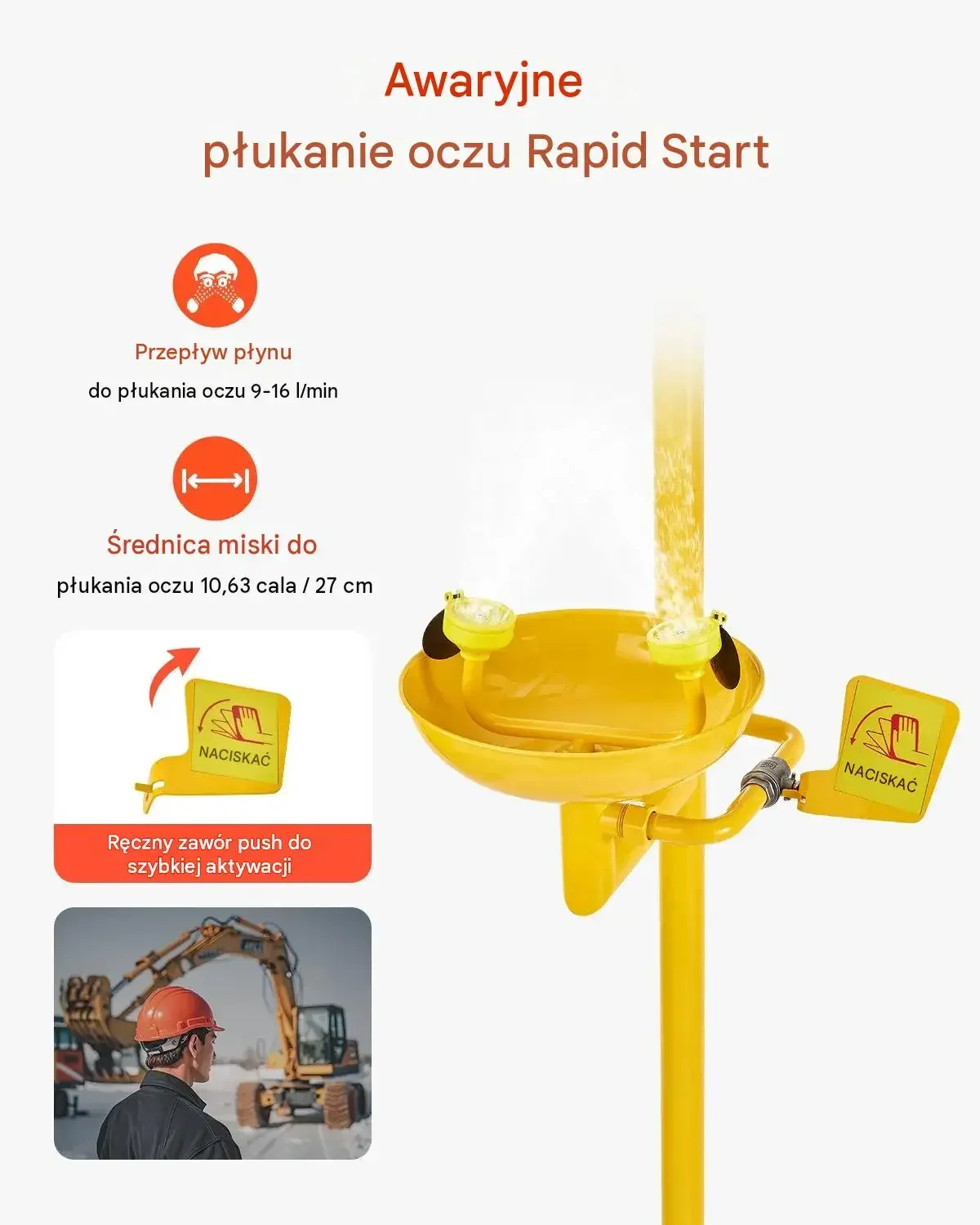 Stacja przemywania oczu prysznic awaryjny stal 304 2330 mm BHP kwasoodporna - obrazek 5