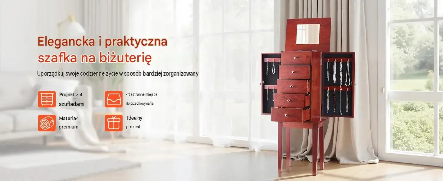 Szkatułka biżuterii stojąca drewniana premium 4 szuflady lustro 16 haczyków - obrazek 6