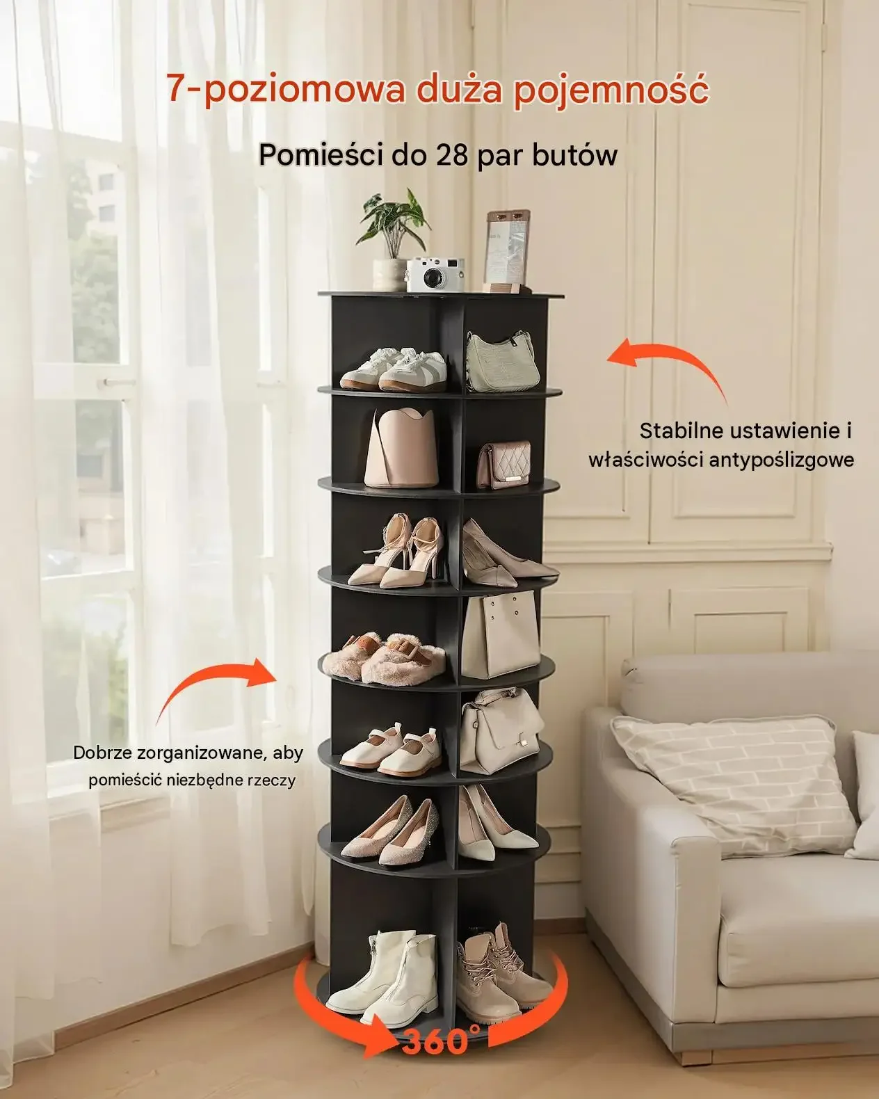 Szafka buty obrotowa 28 par 7 poziomów 360° czarna premium PVC 16 kg 598 mm - obrazek 6