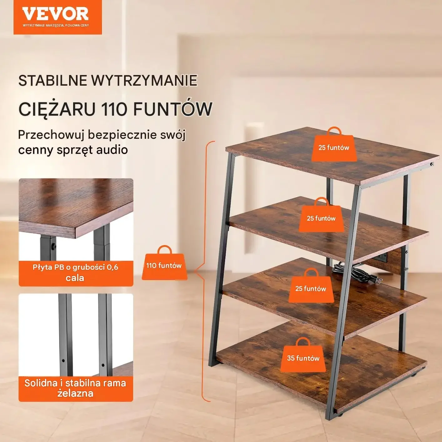 Stojak multimedialny audio wideo 4 poziomy czarny mocna rama oświetlenie 50 - obrazek 3