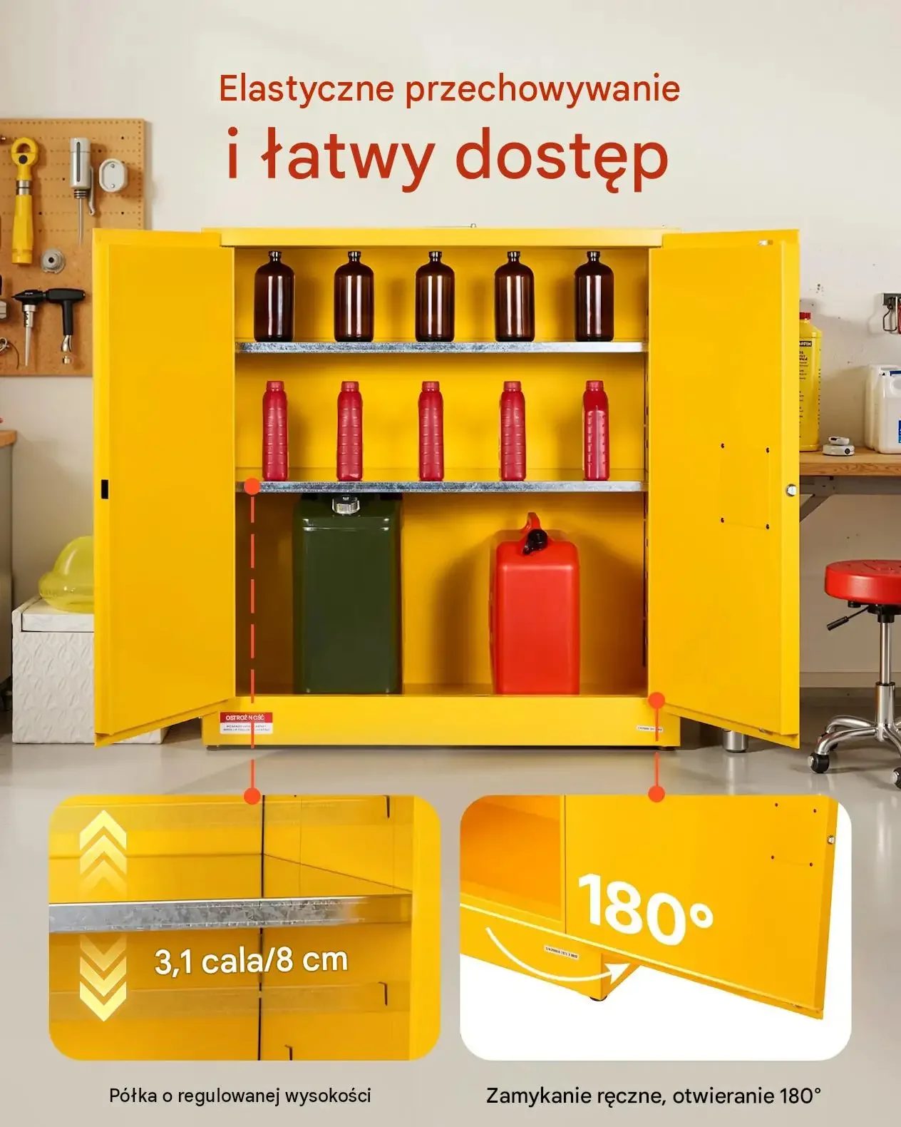 Szafka przeciwpożarowa żółta 110 l mocna stal Q235 półka regulowana gaśnica - obrazek 3