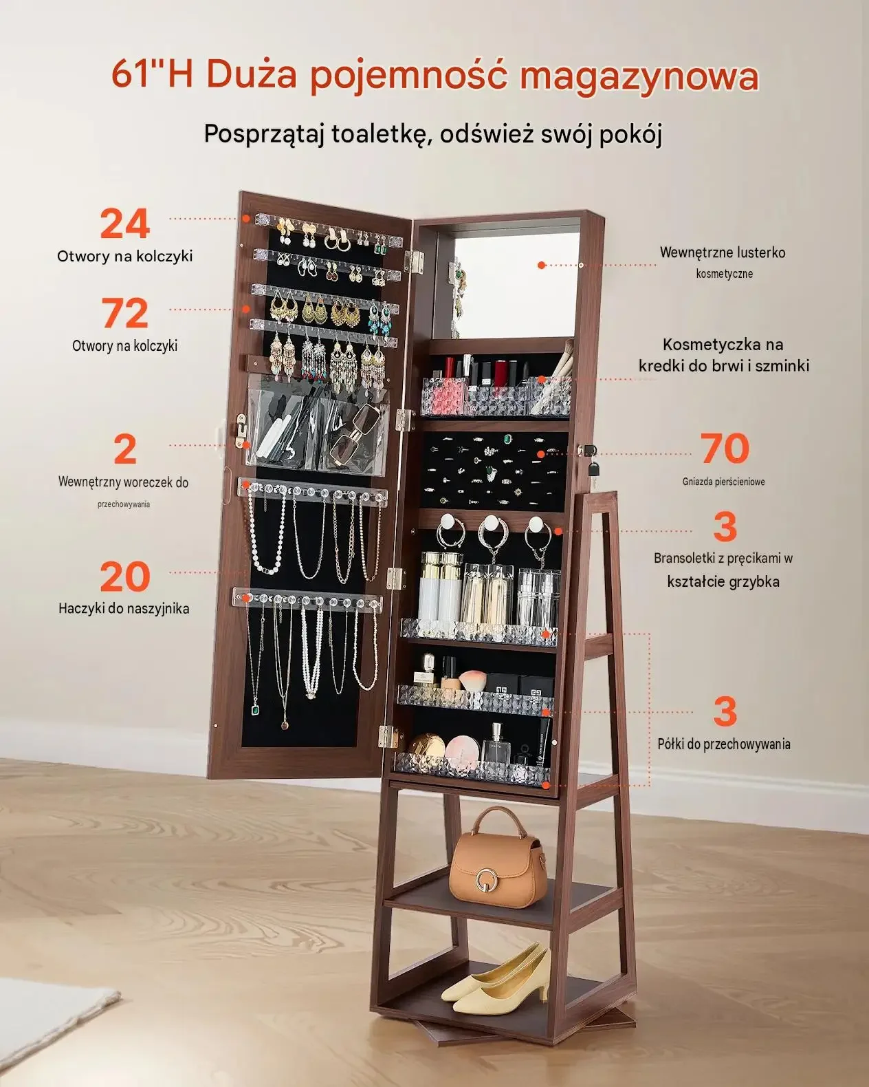 Szafka biżuteryjna obrotowa lustro 360 brązowa premium 72 kolczyków klucze - obrazek 3
