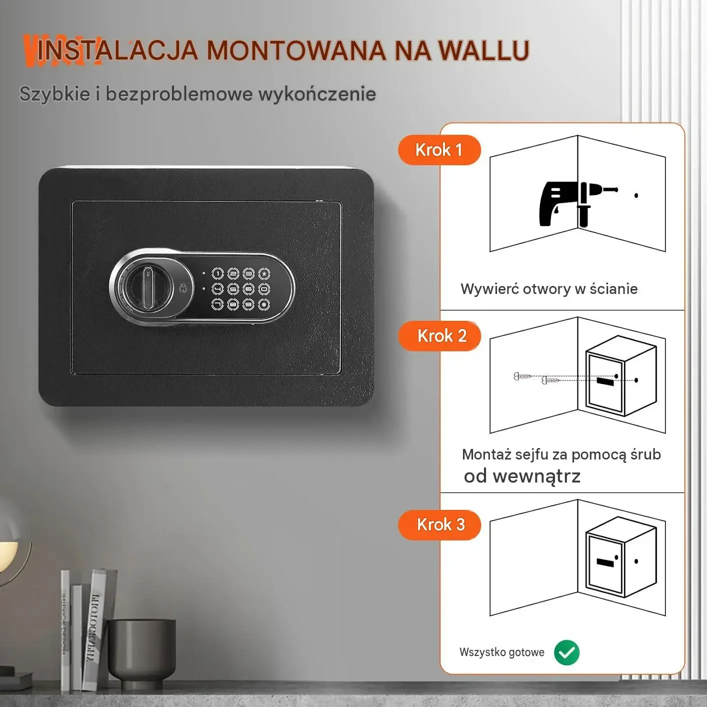 Sejf domowy mocny czarny cyfrowy zamek klucz alarm półka 14 L stalowy 28 mm - obrazek 4