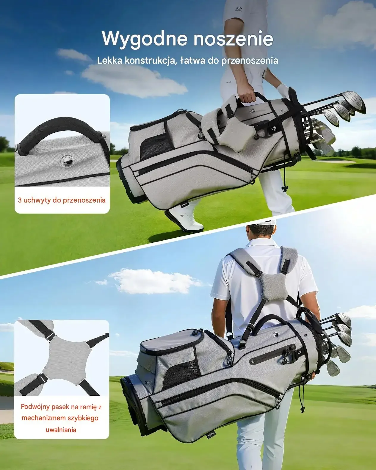 Torba golfowa stojąca organizer kijów 14 komór lekka premium stand bag - obrazek 3