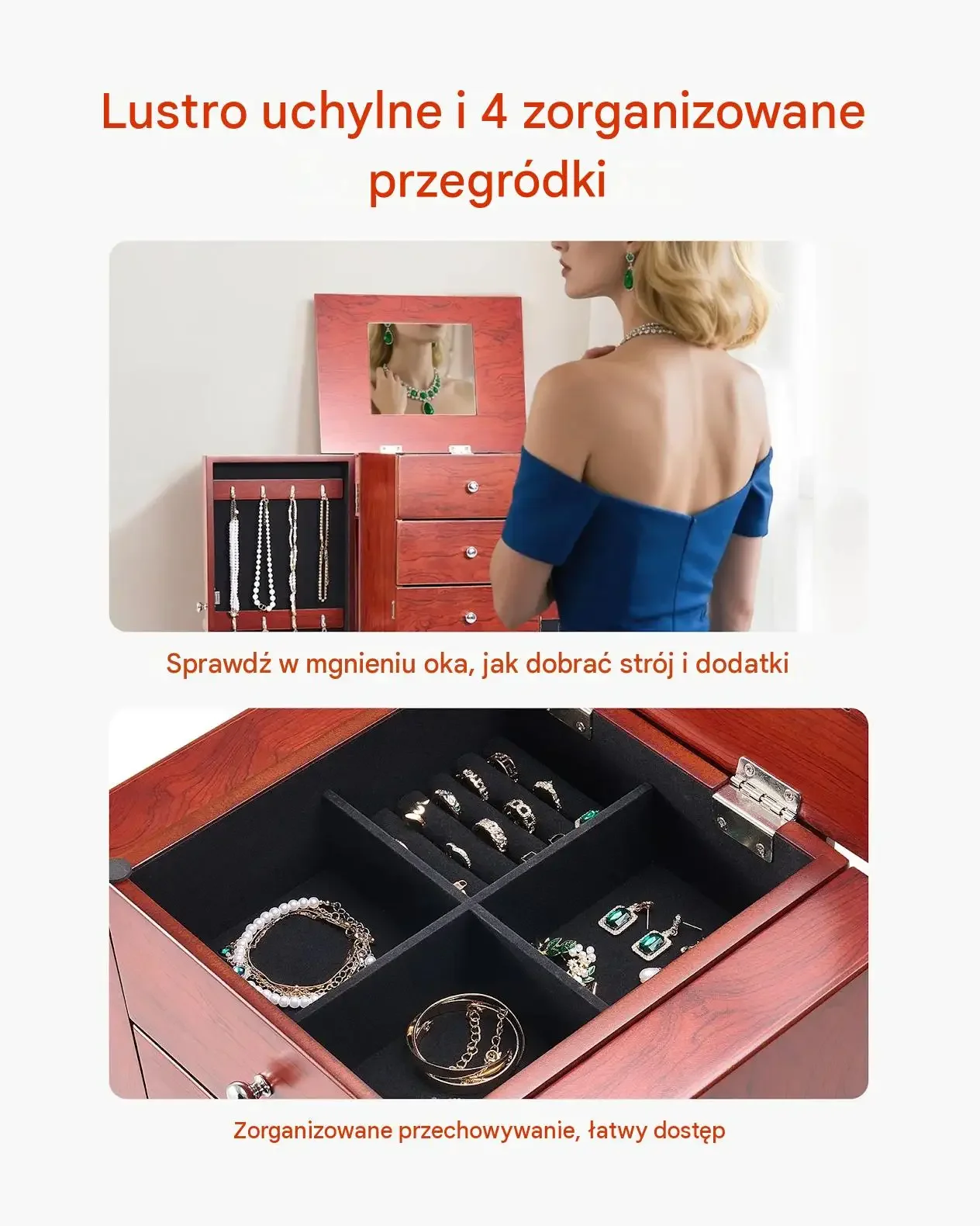 Szkatułka biżuterii stojąca drewniana premium 4 szuflady lustro 16 haczyków - obrazek 3